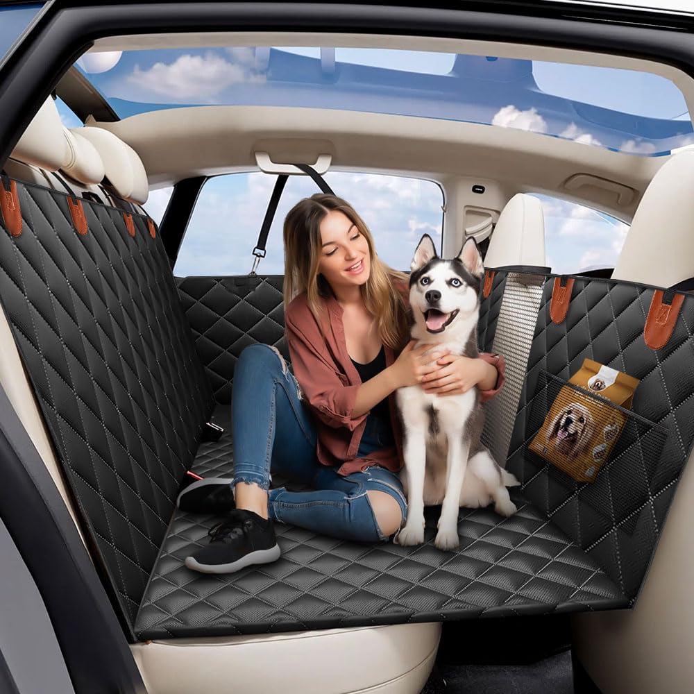 EcoNour Dog Car Seat Cover for Back Seat, waterproof hammock design with side door straps and PP boards, fits cars, SUVs, and trucks.