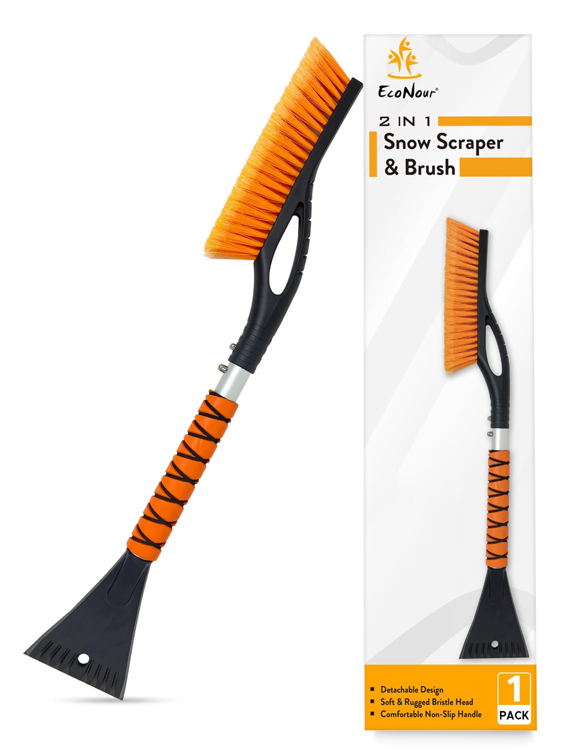 EcoNour 43" Extendable Snow Brush & Ice Scraper for Car Windshield | 3 Parts Detachable Telescopic Snow Brush for Car, Trucks, SUV | Long Snow Scraper with Brush | Car Winter Accessories