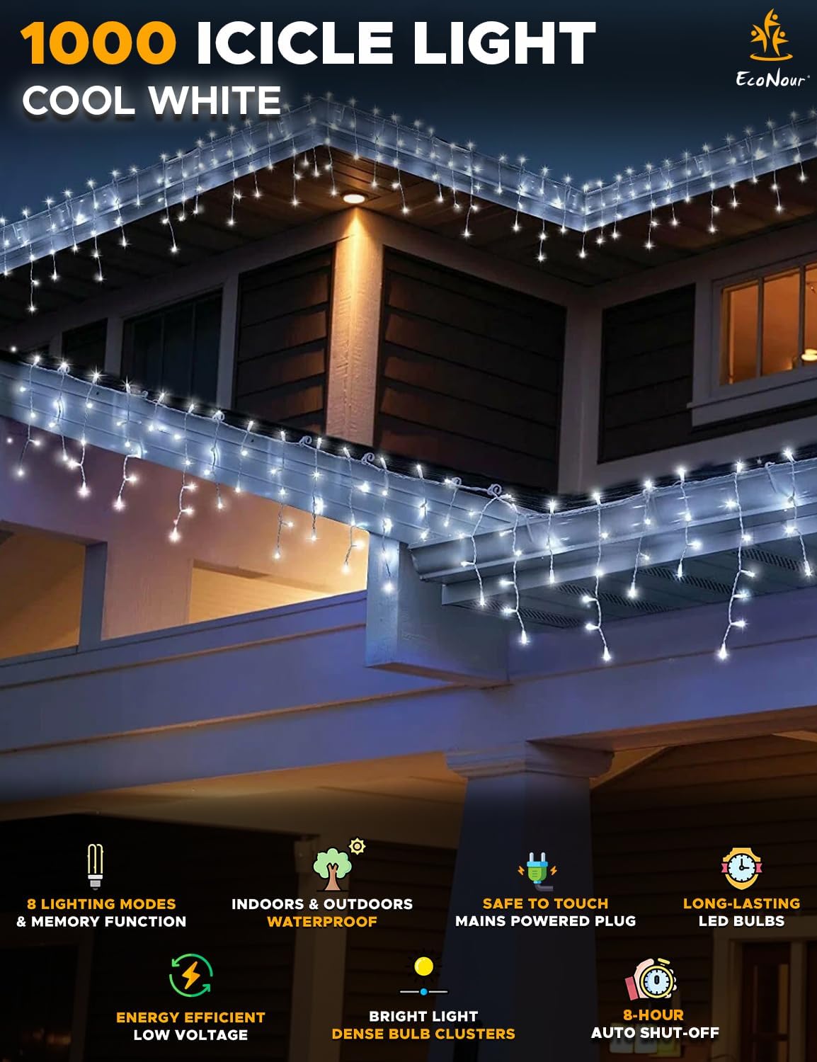 EcoNour Icicle Lights for Outside | 1000 LED Icicle Christmas Lights Outdoor with 8 Modes, Connectable String Light with Timer, Memory Function, Waterproof Twinkle Outdoor Christmas lights- Cool White