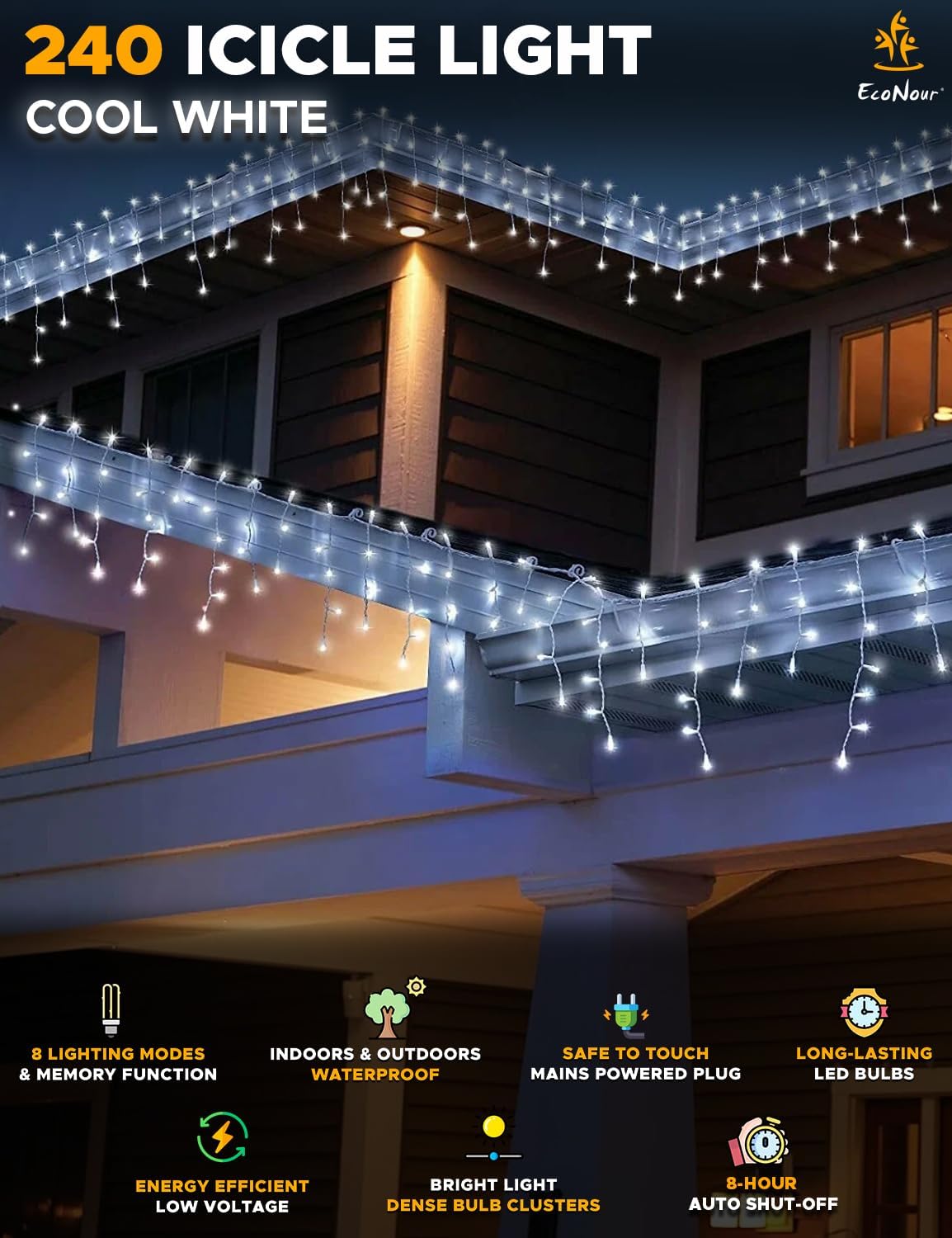 Christmas Icicle Lights Outdoor – EcoNour 240 LED Cool White lights displayed on a house under an overhang.