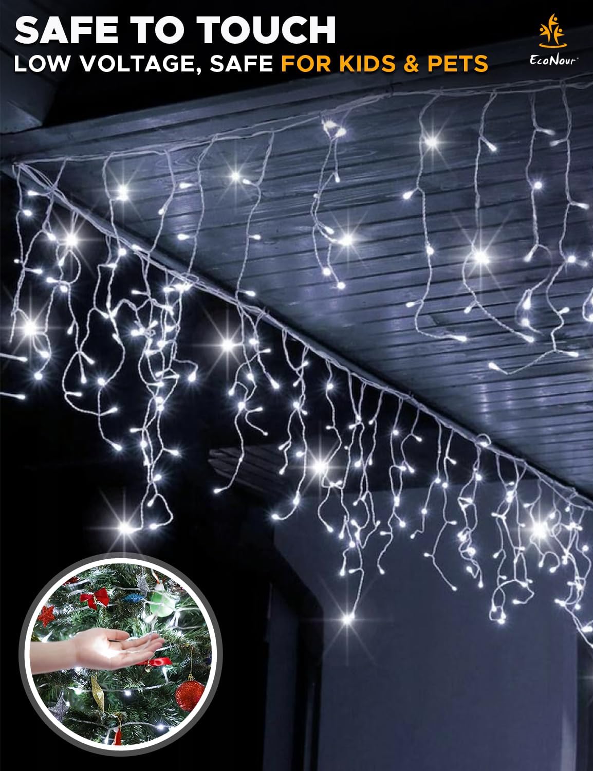 EcoNour Icicle Lights for Outside | 360 LED Icicle Christmas Lights Outdoor with 8 Modes, Connectable String Light with Timer, Memory Function, Waterproof Twinkle Outdoor Christmas lights - Cool White