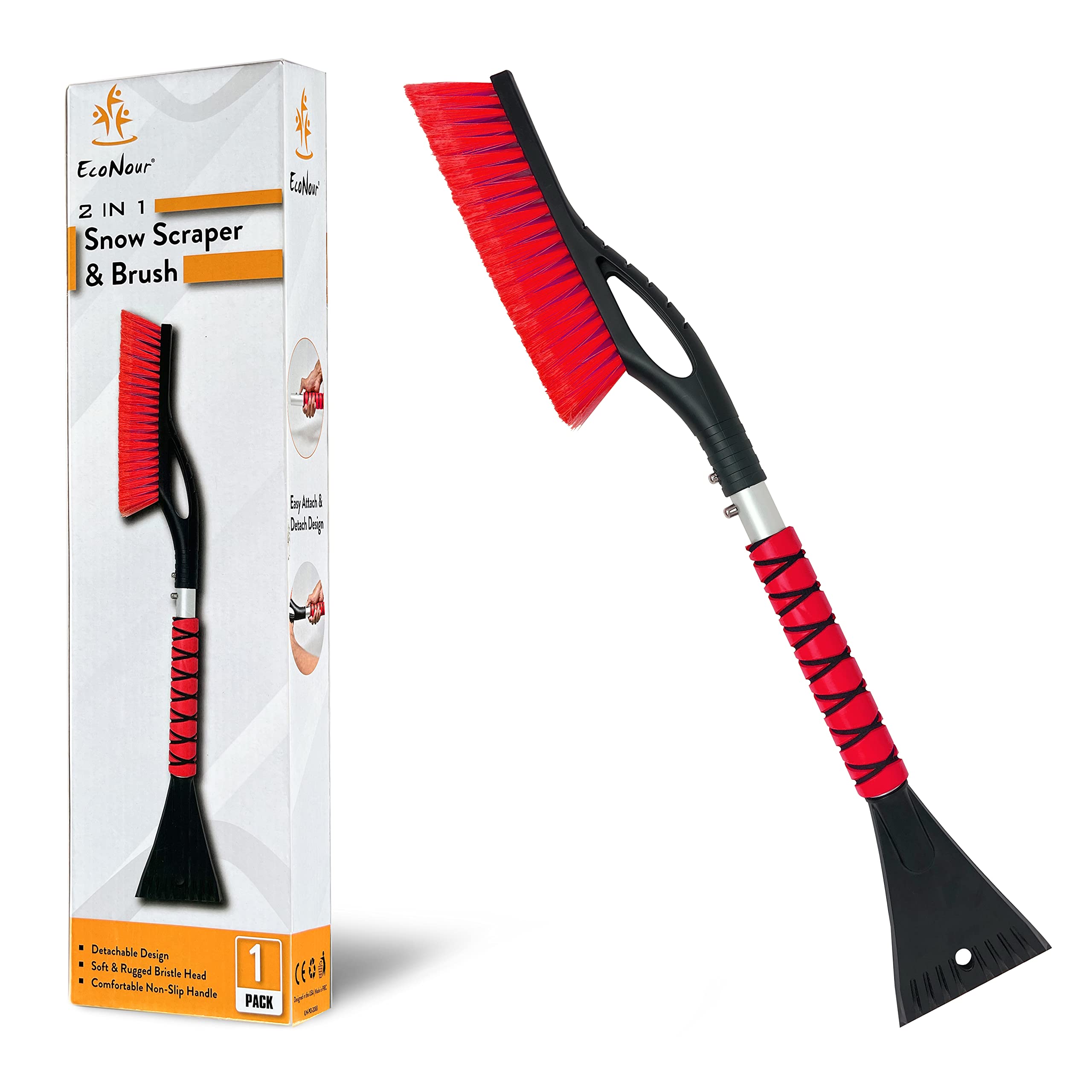 27" Aluminum Car Snow Scraper and Brush Red | EcoNour 1 Pack