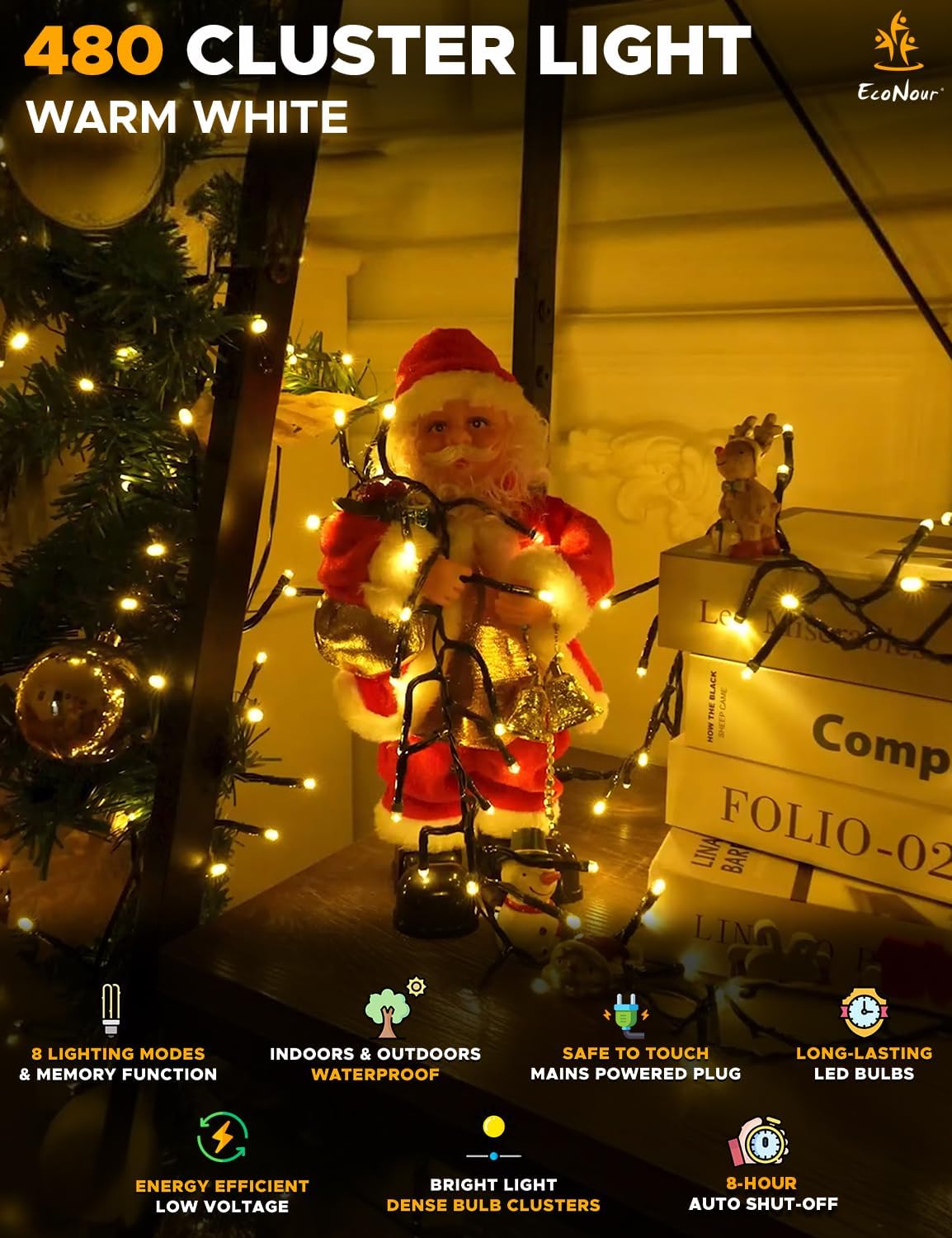 EcoNour 20Ft 480 LED Cluster Twinkle Lights for Christmas Tree, 8 Modes String Lights for Decoration with Timer and Memory Function, Ambient Warm White Fairy Lights for Magical Home & Garden Decor