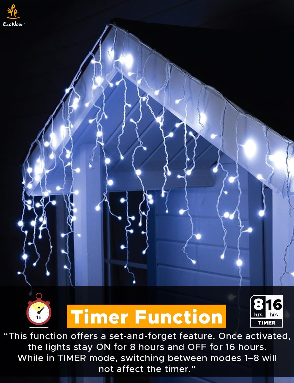 Christmas Icicle Lights Outdoor with timer function for easy set and forget use, displayed on a house.