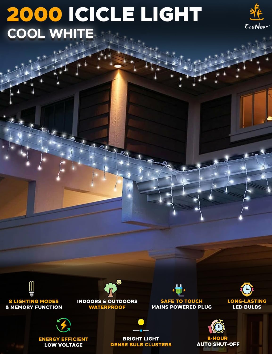 LED Christmas Icicle Lights featuring EcoNour 2000 cool white LED bulbs, designed for outdoor holiday decorations.