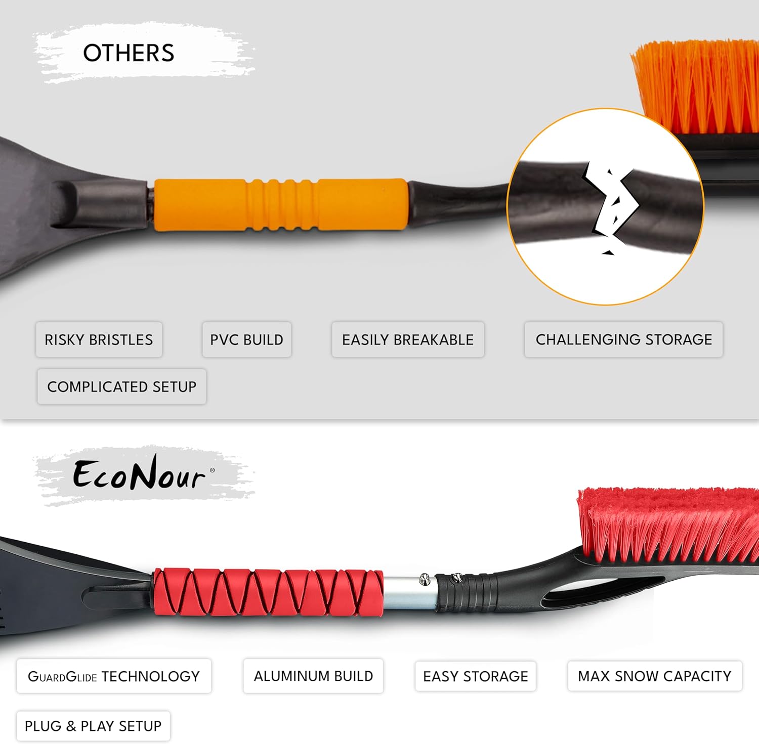 EcoNour 27" Car Snow Brush & Ice Scraper for Car Windshield (Red- 2 Pack) | Scratch Free Bristle Head Snow Brush & Tough Window Snow Scraper with Aluminium Body