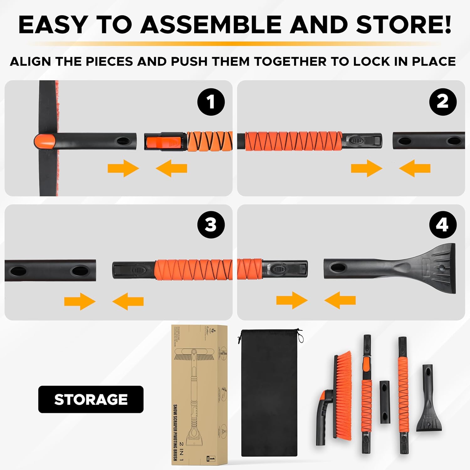 EcoNour 53" 3 in 1 Extendable Snow Brush with Ice Scraper for Car Windshield – 360° Pivoting Head