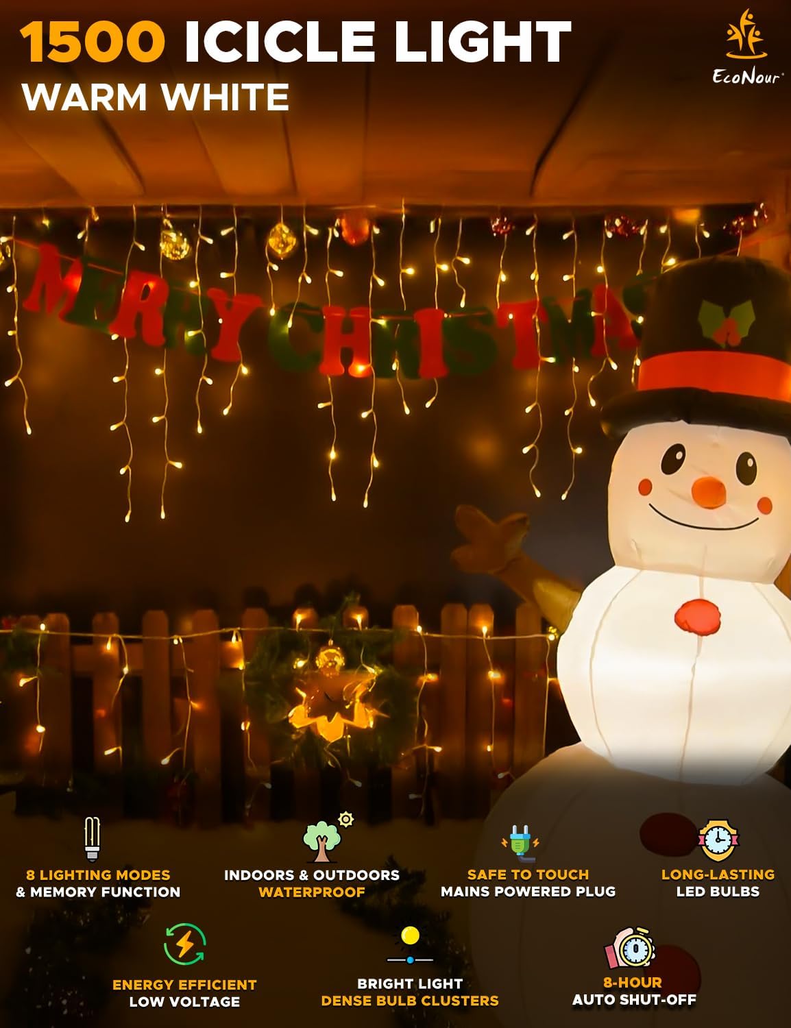 EcoNour Icicle Lights for Outside | 1500 LED Icicle Christmas Lights Outdoor with 8 Modes, Connectable String Light with Timer, Memory Function, Waterproof Twinkle Outdoor Christmas lights- Warm White