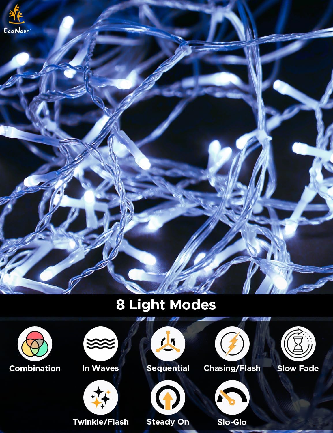 Christmas Icicle Lights Outdoor featuring 8 light modes including twinkle, steady on, and slow fade, by EcoNour.