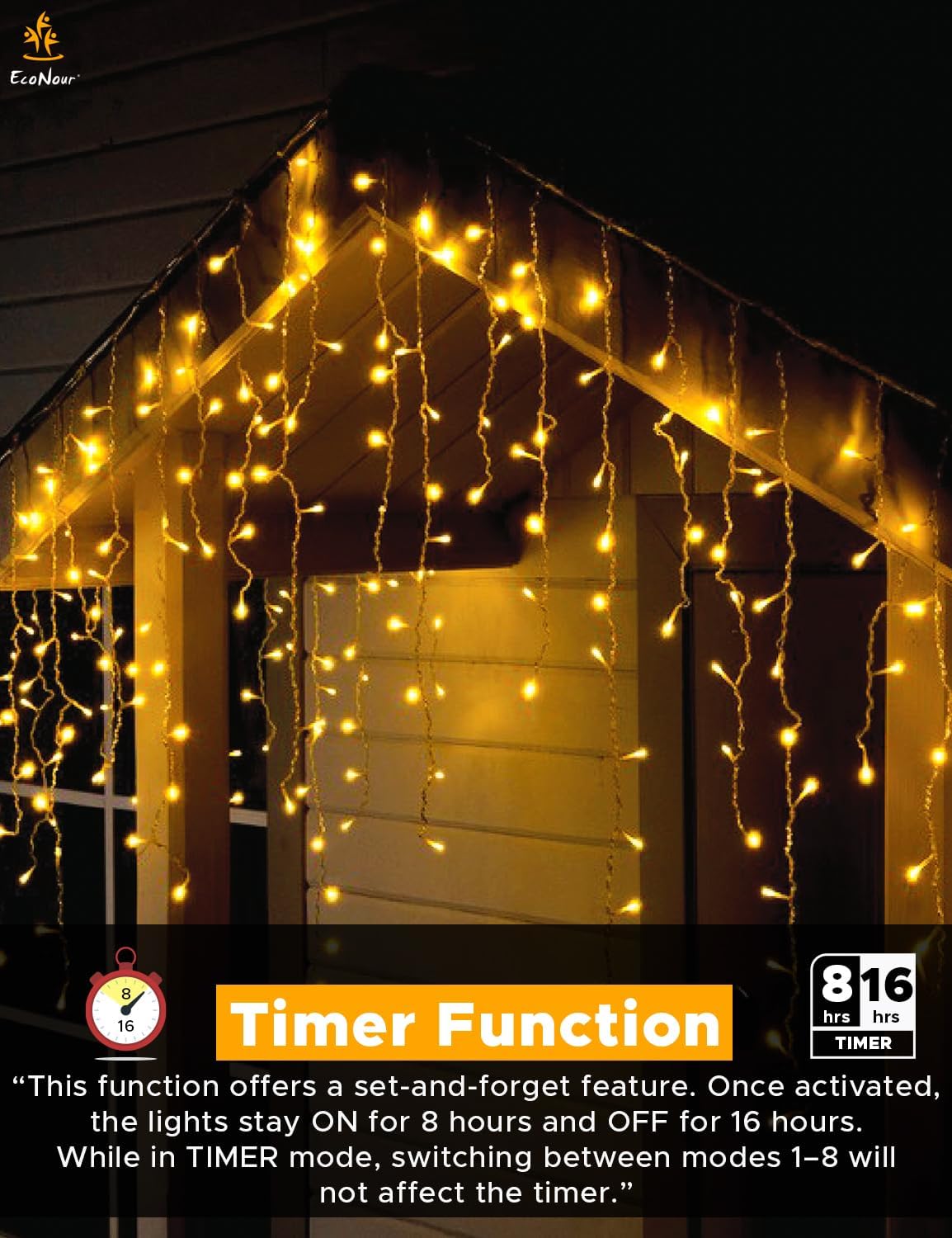 EcoNour Icicle Lights for Outside | 1500 LED Icicle Christmas Lights Outdoor with 8 Modes, Connectable String Light with Timer, Memory Function, Waterproof Twinkle Outdoor Christmas lights- Warm White