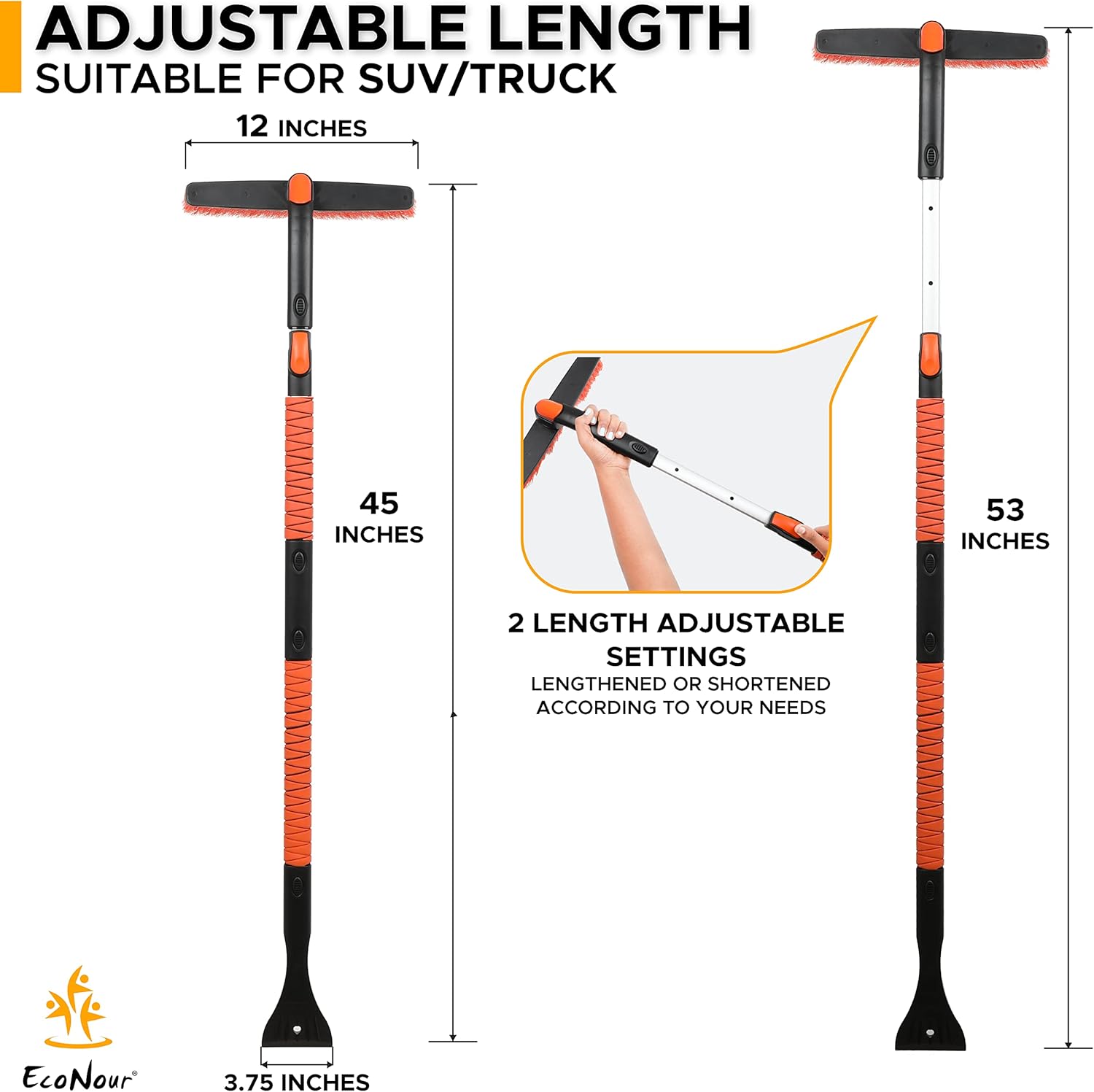 EcoNour 53" 3 in 1 Extendable Snow Brush with Ice Scraper for Car Windshield – Foam Grip Handle