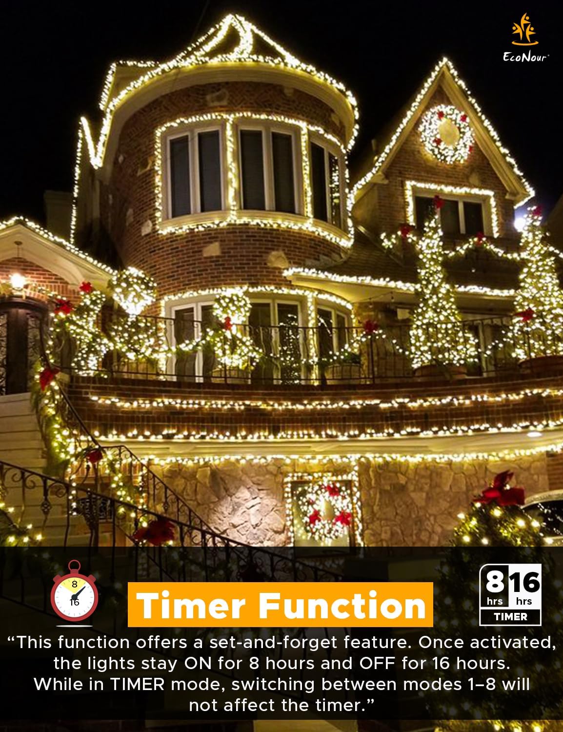 EcoNour 74Ft 1000 LED Cluster Twinkle Lights for Christmas Tree, 8 Modes String Lights for Decoration with Timer and Memory Function, Ambient Warm White Fairy Lights for Magical Home & Garden Decor