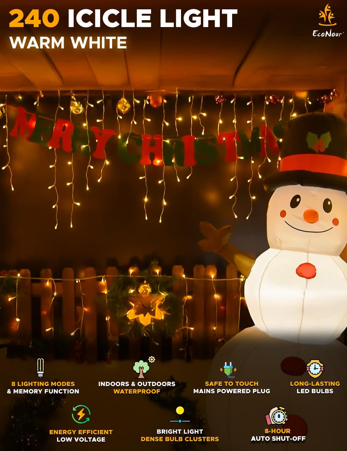 Warm White Icicle Christmas Lights with cascading LED strands on roofline
