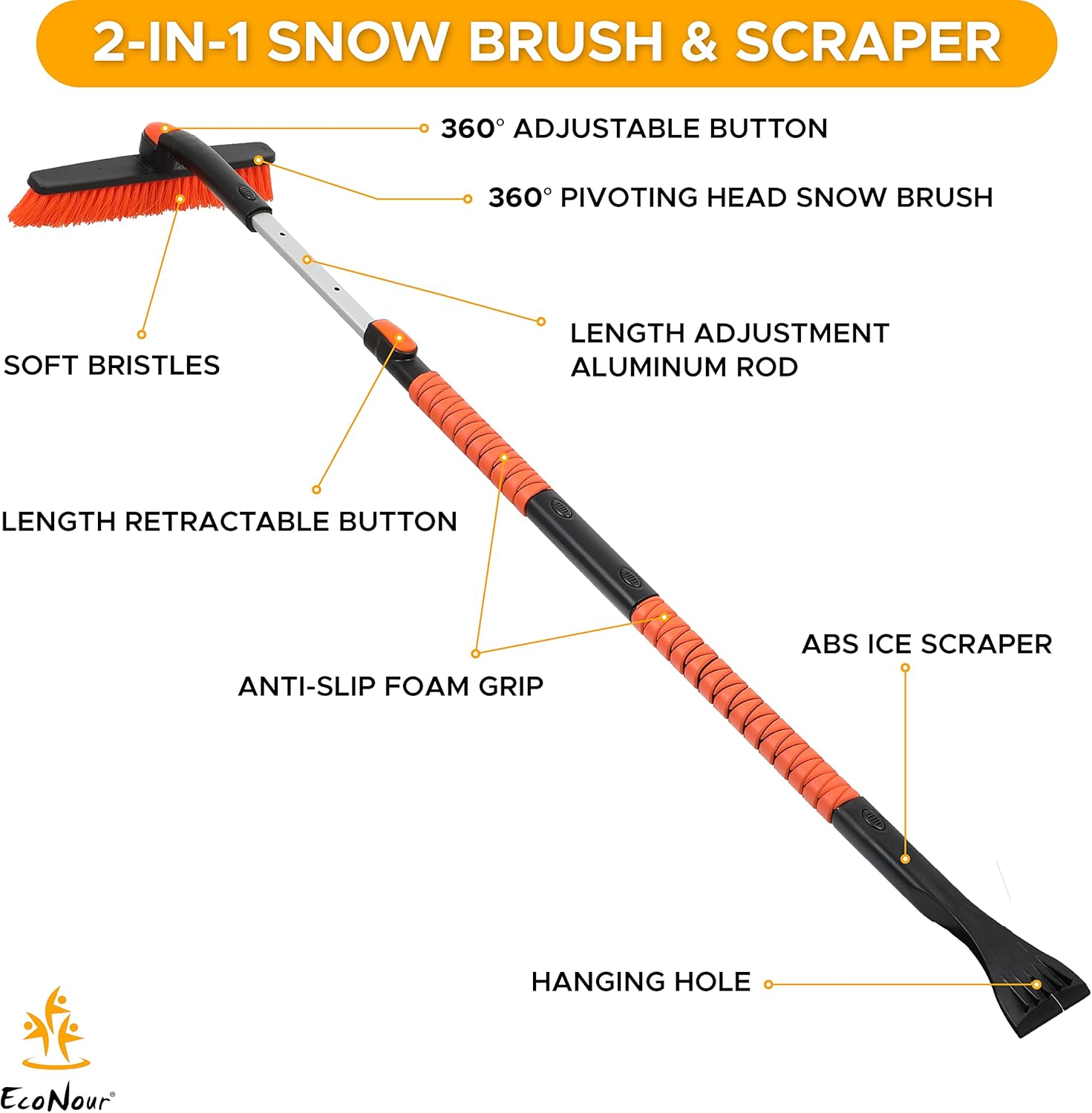 EcoNour 53" 3 in 1 Extendable Snow Brush with Ice Scraper for Car Windshield – Heavy-Duty Car Cleaner
