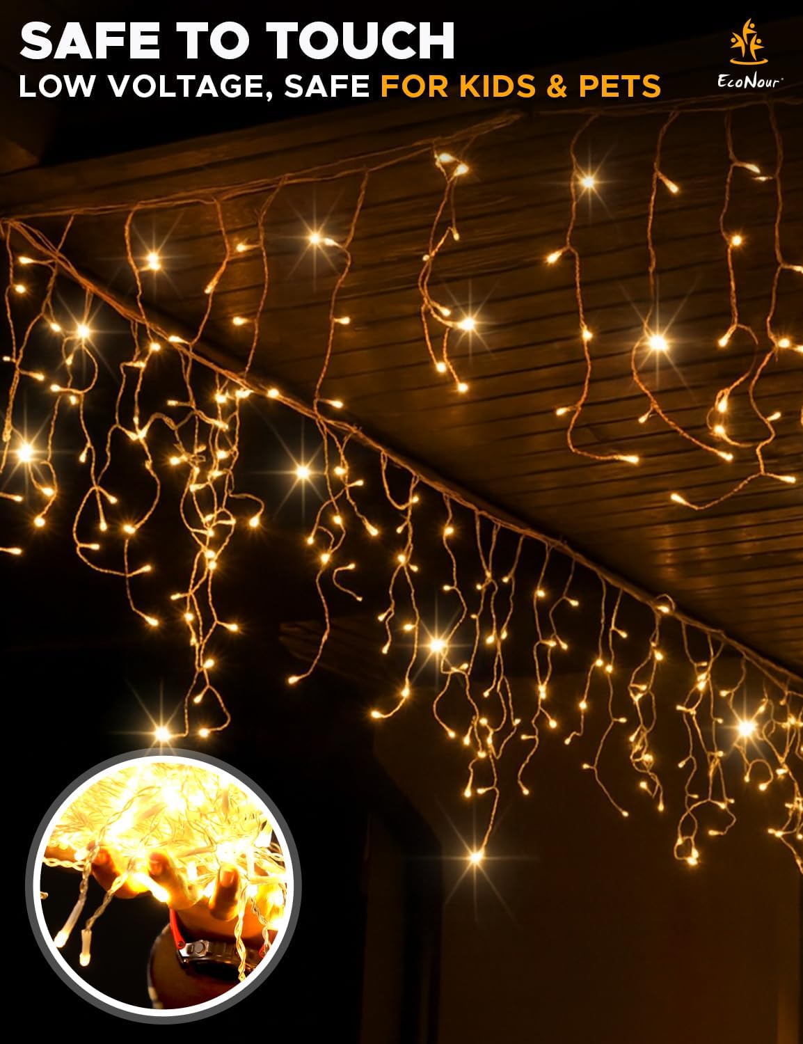 Outdoor Christmas scene featuring sparkling Outdoor Icicle Christmas Lights on trees.