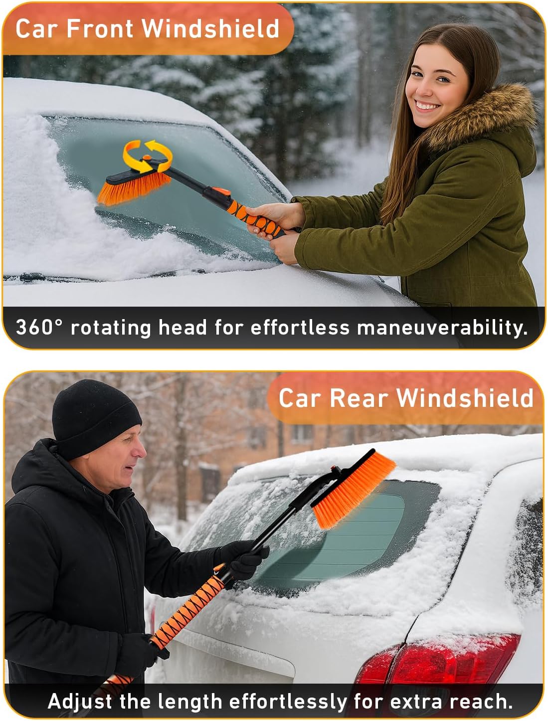 EcoNour 44.7" 3-in-1 Extendable Snow Brush & Ice Scraper for Car, Truck & SUV