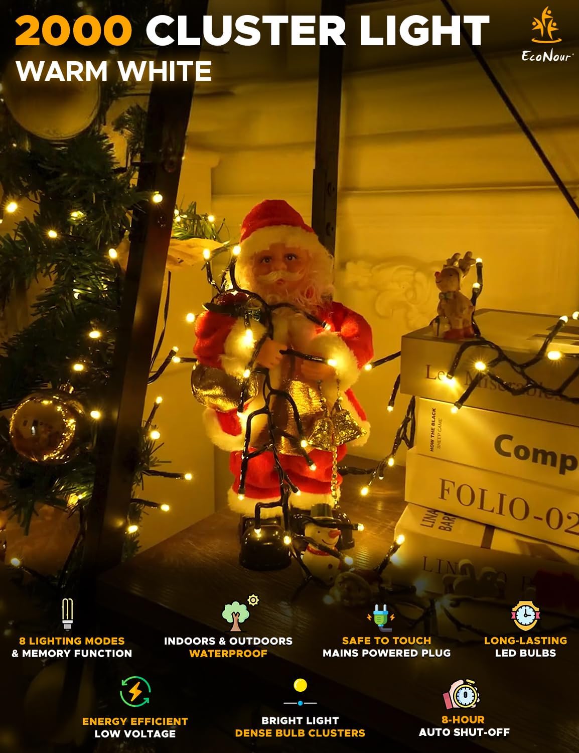 EcoNour 115Ft 2000 LED Cluster Twinkle Lights for Christmas Tree, 8 Modes String Lights for Decoration with Timer and Memory Function, Ambient Warm White Fairy Lights for Magical Home & Garden Decor