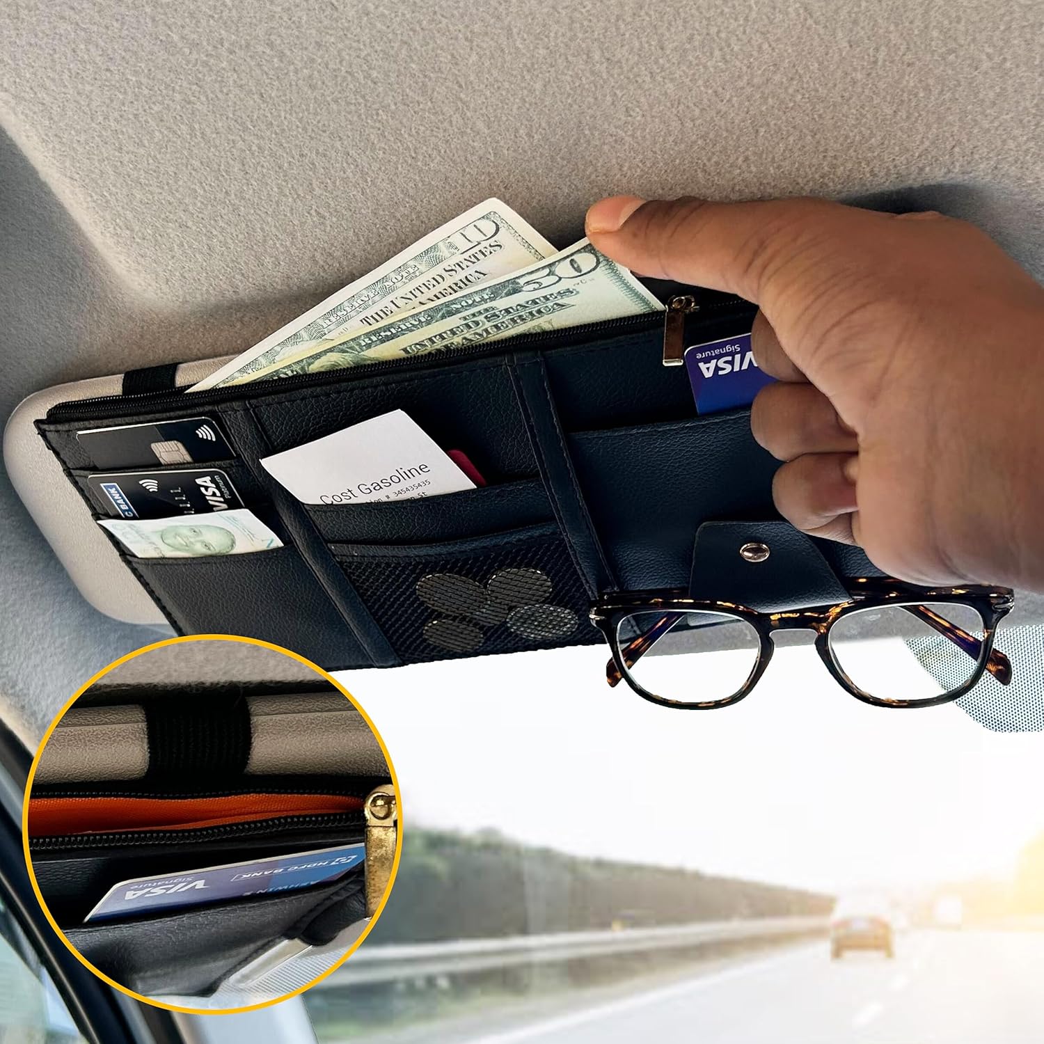 EcoNour Small Car Sun Visor Organizer in black with multi-pocket storage