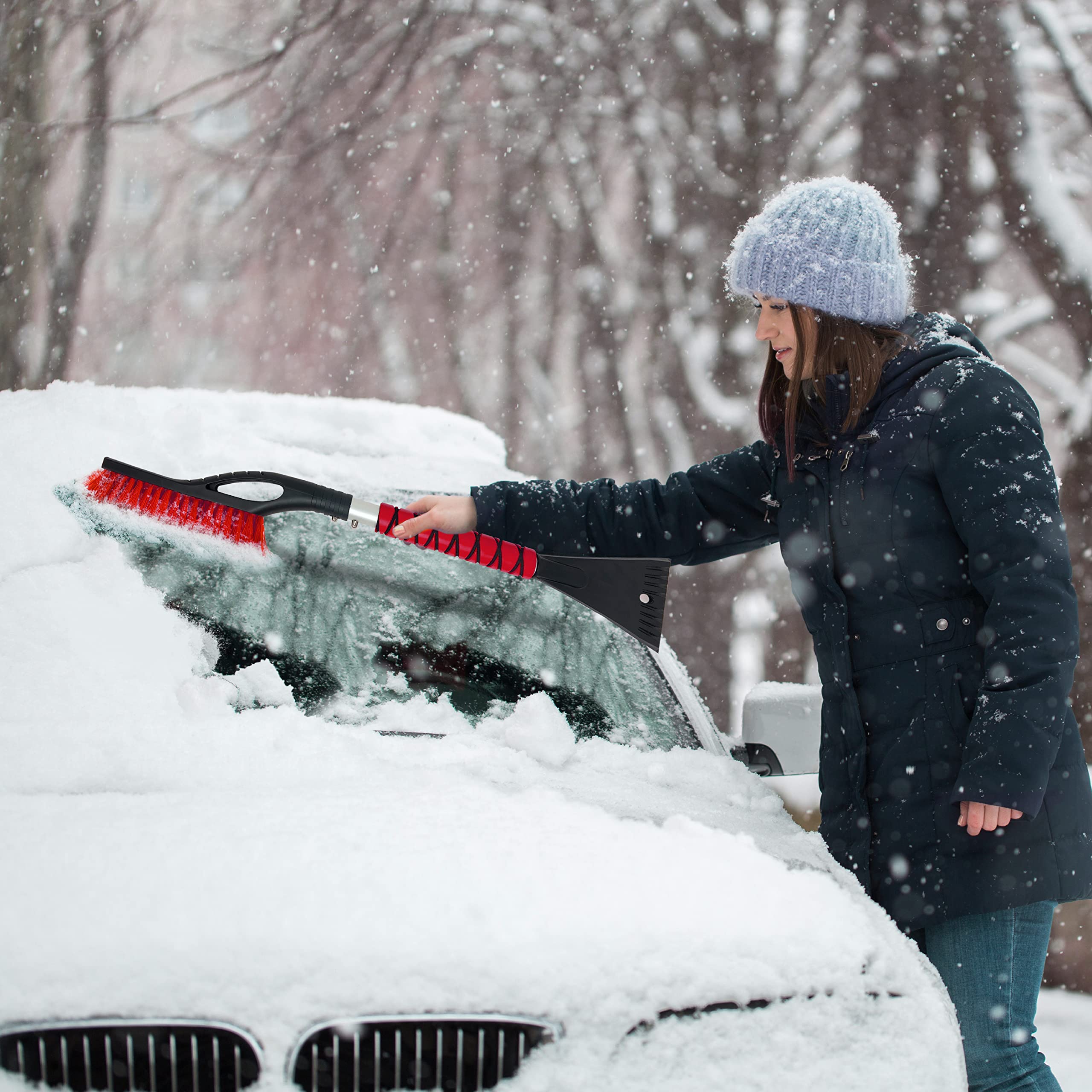 27" Aluminum Car Snow Scraper and Brush Red with Scratch Free Bristle Head EcoNour