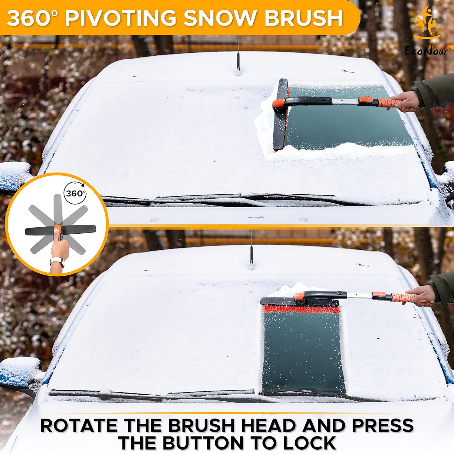 Durable EcoNour 53" 3 in 1 Extendable Snow Brush with Ice Scraper for Car Windshield – SUV & Truck Use