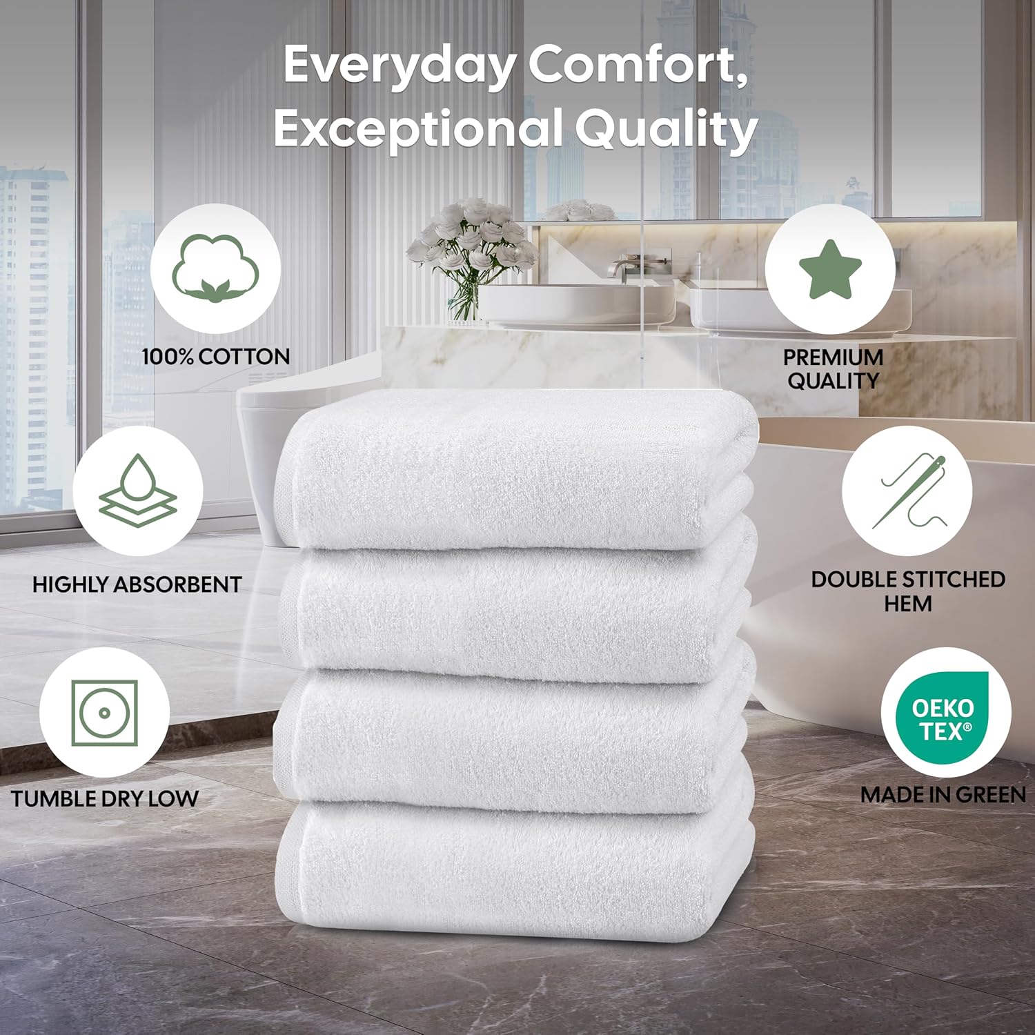 EcoNour Luxury 4-Pack White Turkish Cotton Bath Towels, 550 GSM 100% Cotton – 27x54 Inch, Ultra Soft, Quick Dry & Highly Absorbent for Bathroom, Gym & Travel