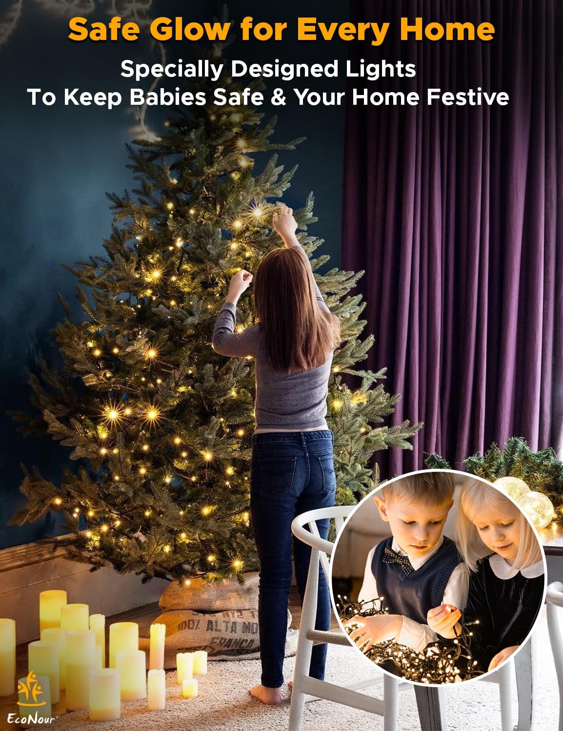 EcoNour 74Ft 1000 LED Cluster Twinkle Lights for Christmas Tree, 8 Modes String Lights for Decoration with Timer and Memory Function, Ambient Warm White Fairy Lights for Magical Home & Garden Decor