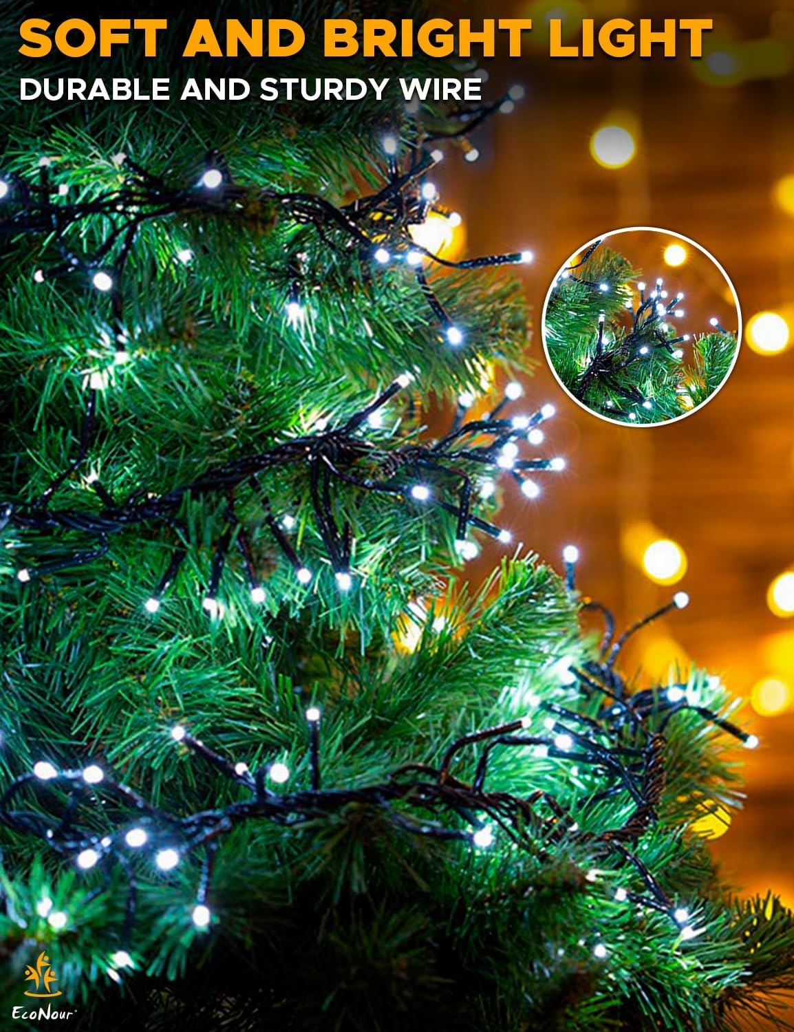 EcoNour 62Ft 720 LED Cluster Twinkle Lights for Christmas Tree, 8 Modes String Lights for Decoration with Timer and Memory Function, Elegant Cool White Fairy Lights for Magical Home & Indoor