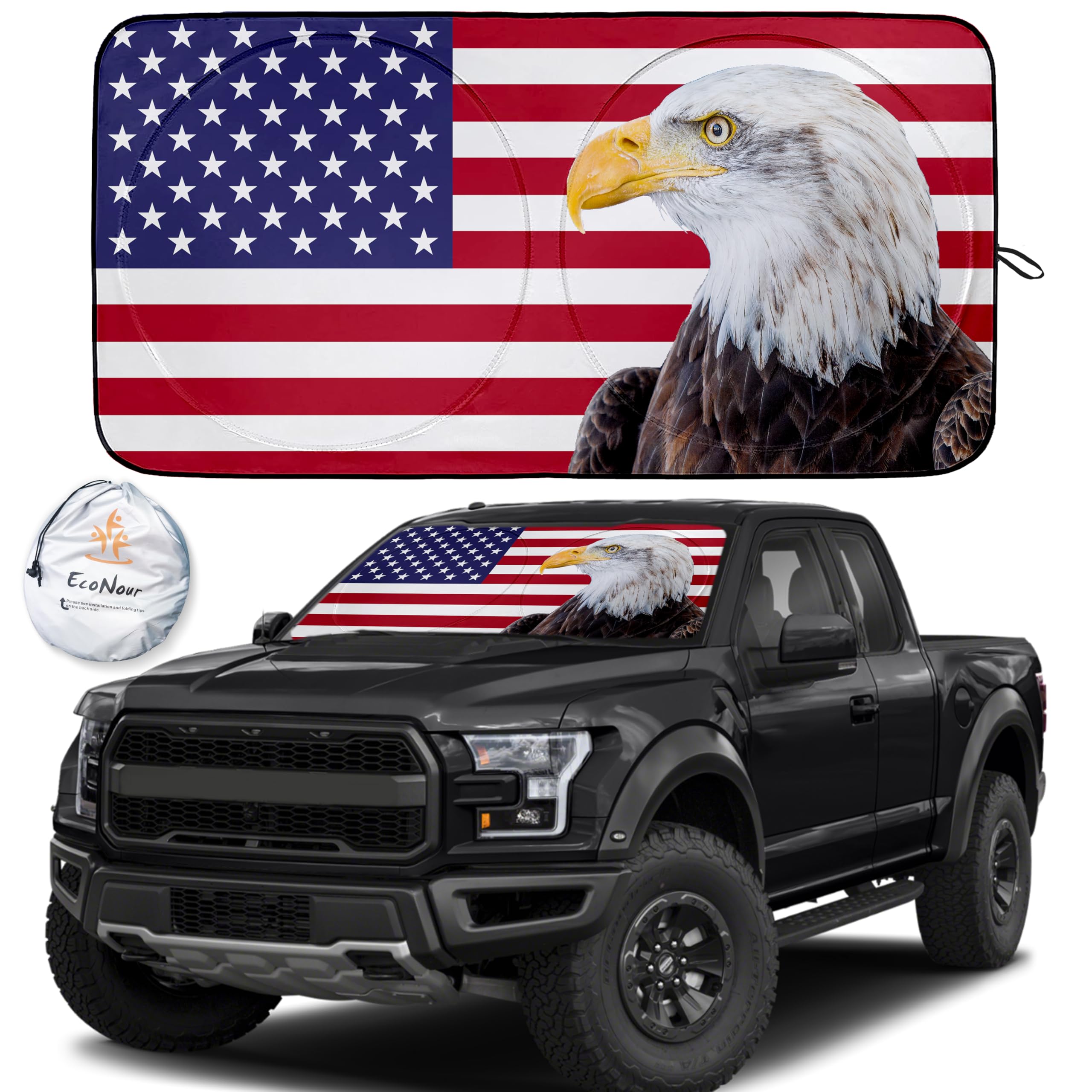 EcoNour Patriotic Windshield Sun Shade 64"x32" with American Flag & Bald Eagle