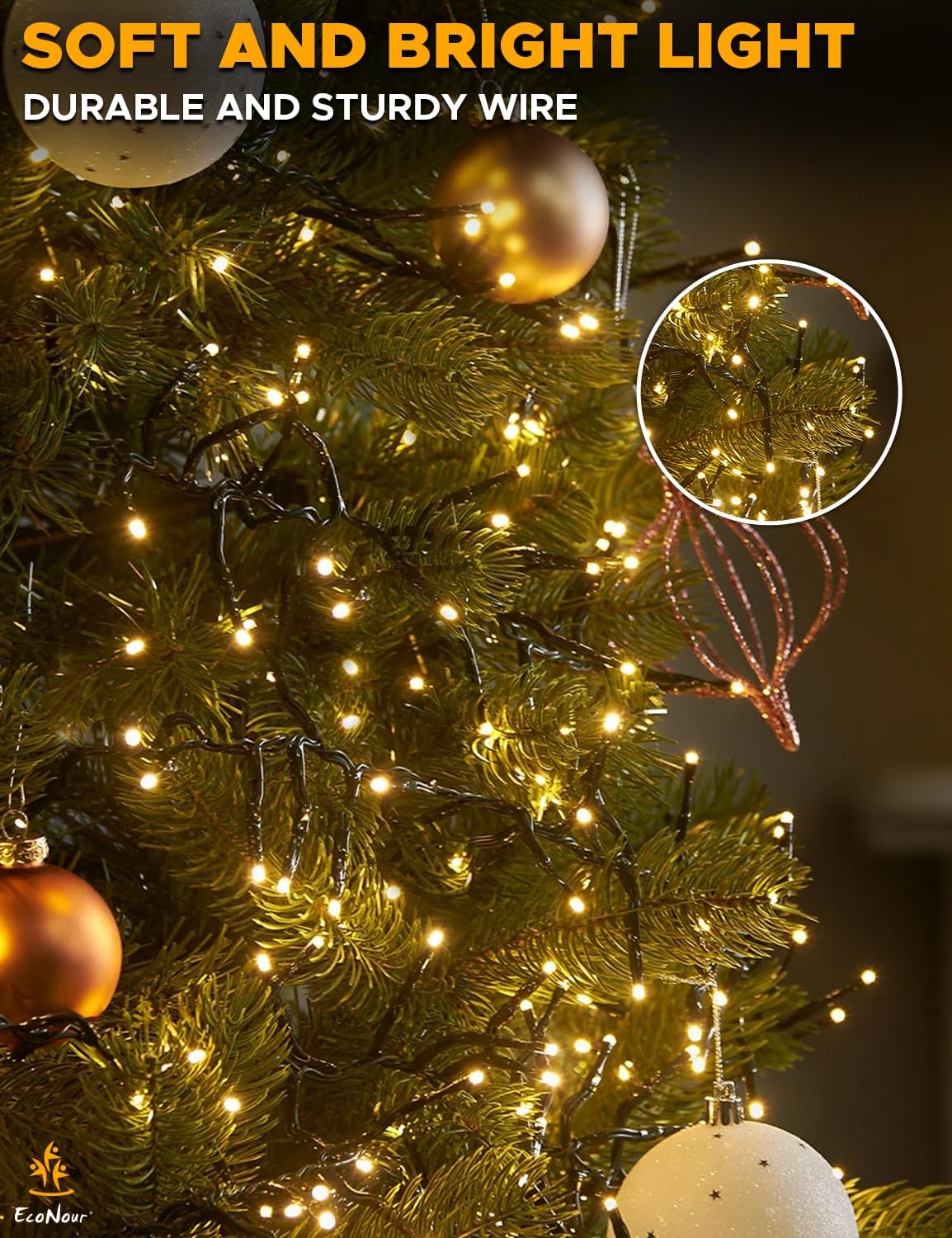 EcoNour 62Ft 720 LED Cluster Twinkle Lights for Christmas Tree, 8 Modes String Lights for Decoration with Timer and Memory Function, Ambient Warm White Fairy Lights for Magical Home & Garden Decor