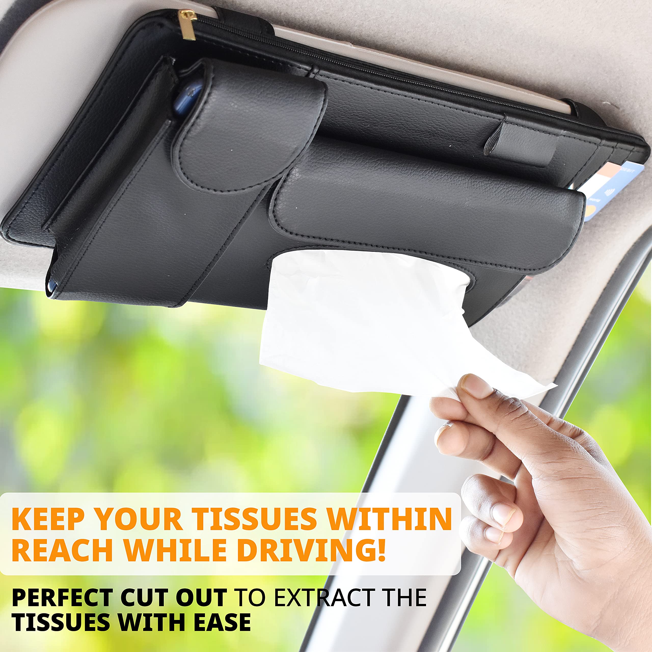 Multi-pocket Sun Visor Organizer for sunglasses, cards, and documents