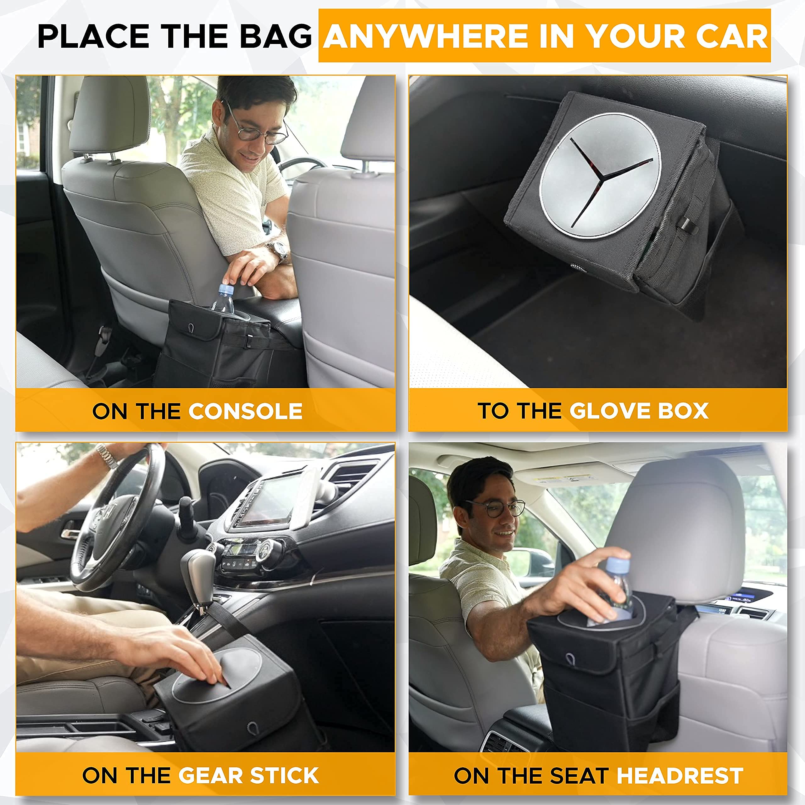 Compact Black Car Trash Can with lid for vehicle organization