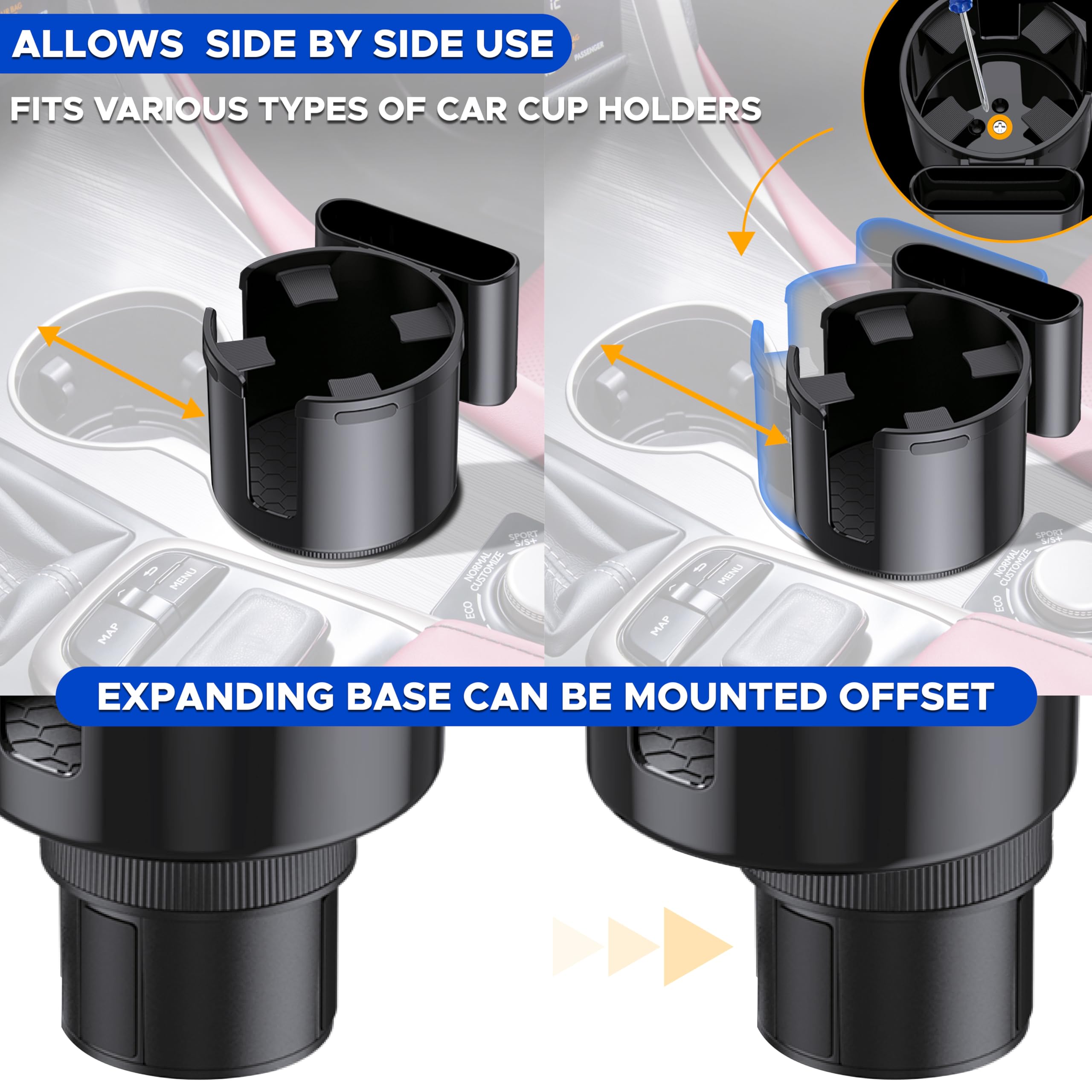 Adjustable Car Cup Holder Expander by EcoNour for 32–40 oz bottles and phones