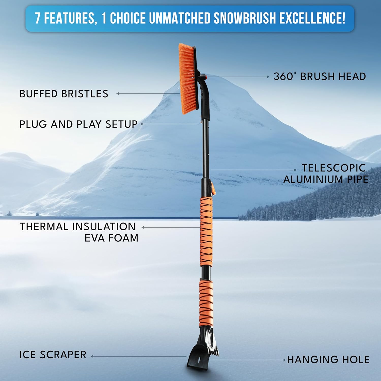 EcoNour 44.7" 3 in 1 Snow Brush for SUV | Extendable Winter Car Accessory for Truck & Car