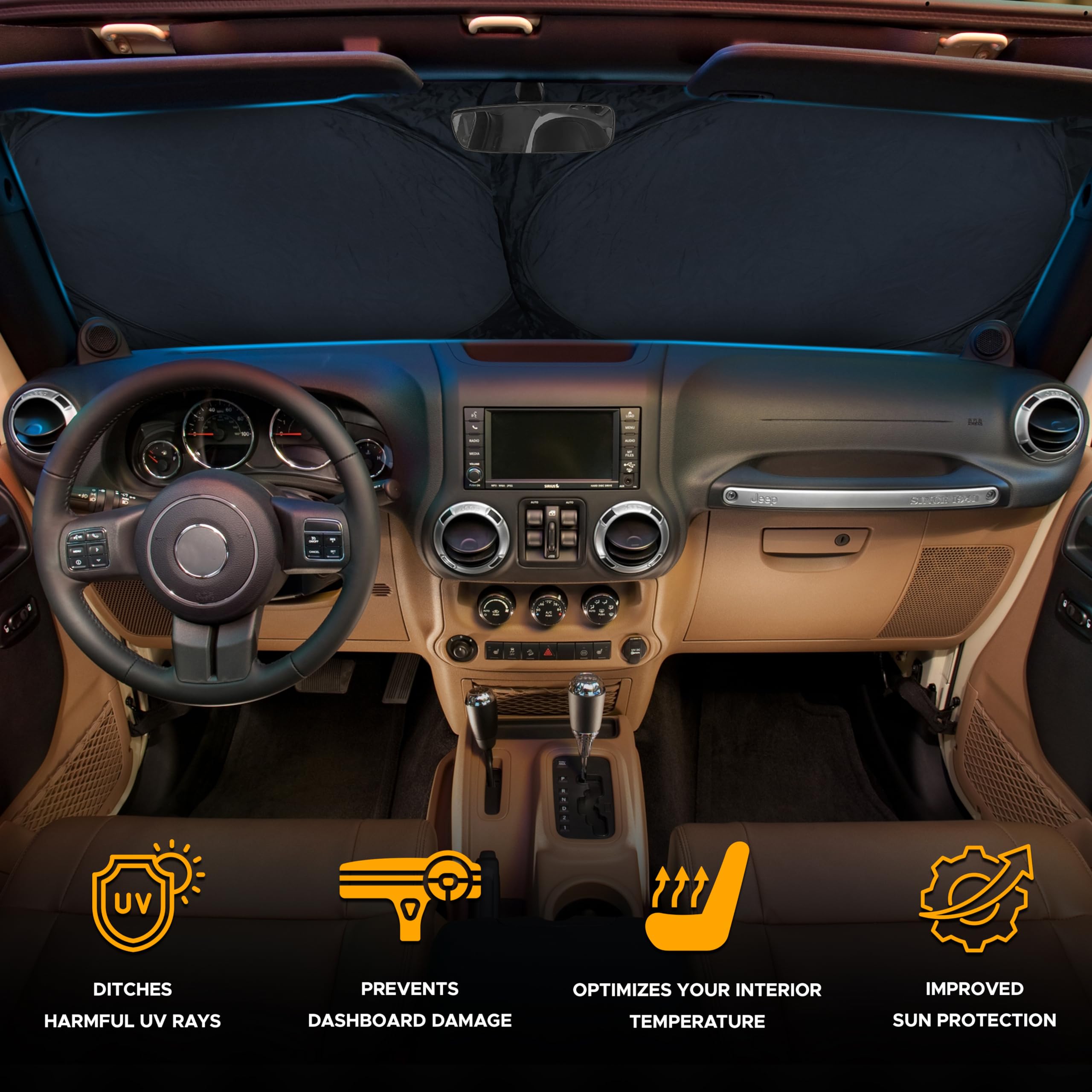 Jeep Windshield Sunshade – Foldable Sun Visor for Wrangler & Gladiator