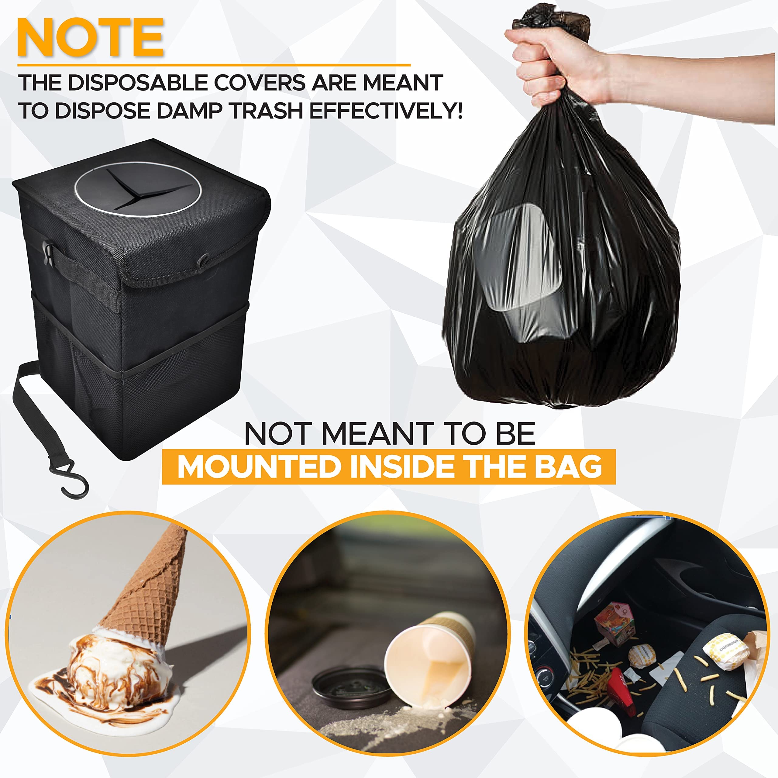 EcoNour Black Car Trash Can with lid for SUVs, trucks, and sedans