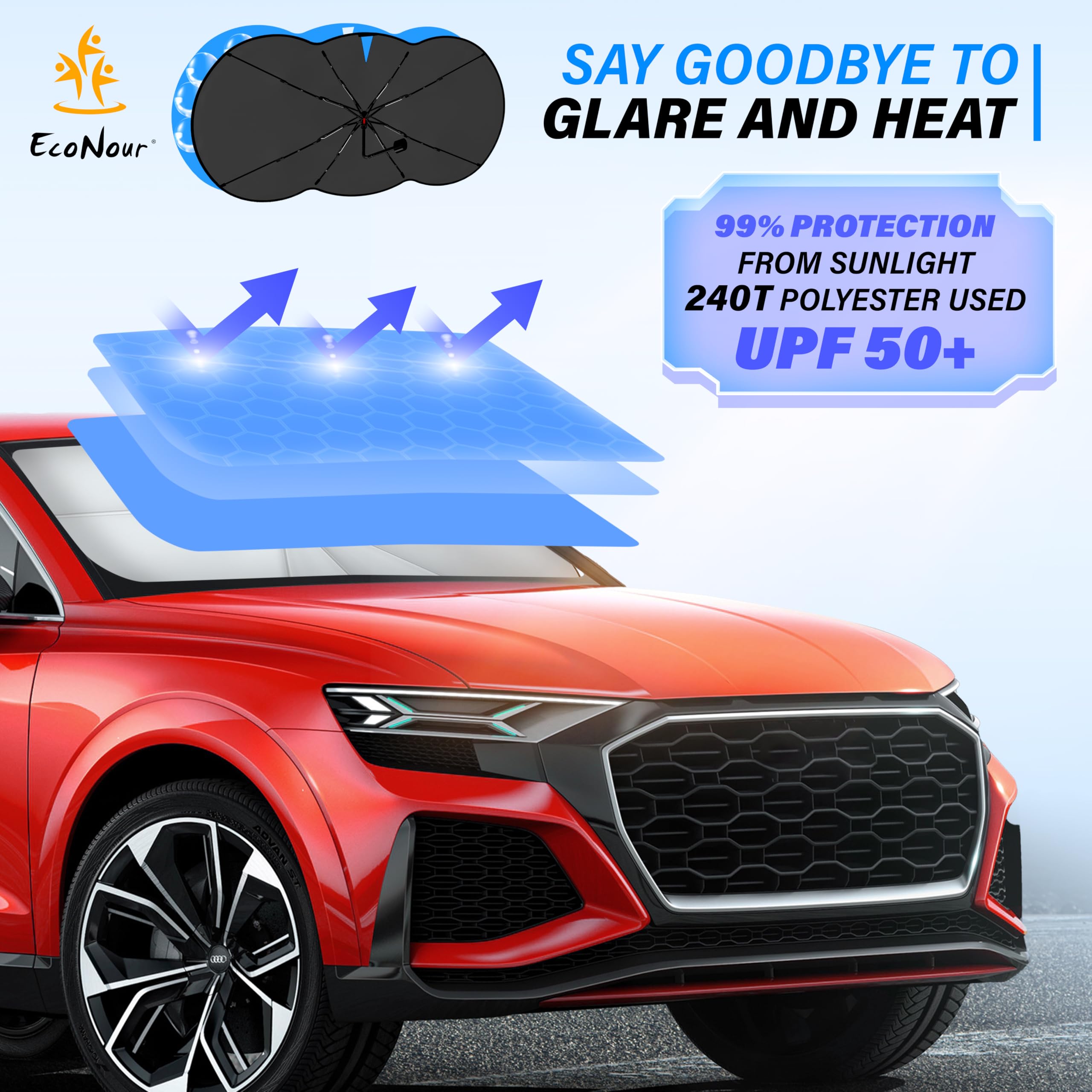 Car Windshield Sunshade Umbrella by EcoNour, 57x35 inch foldable sunshade for cars.