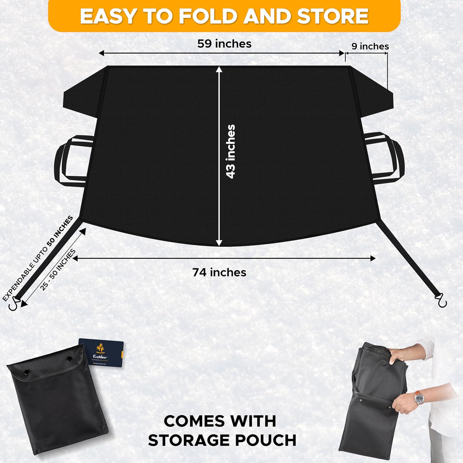 EcoNour Windshield Snow Cover with S-Hooks | Heavy-Duty 600D Oxford Fabric | Waterproof Winter Car Windshield Cover for Pickup Trucks, SUVs & Vans | All-Weather Protection | XL (74"x43")
