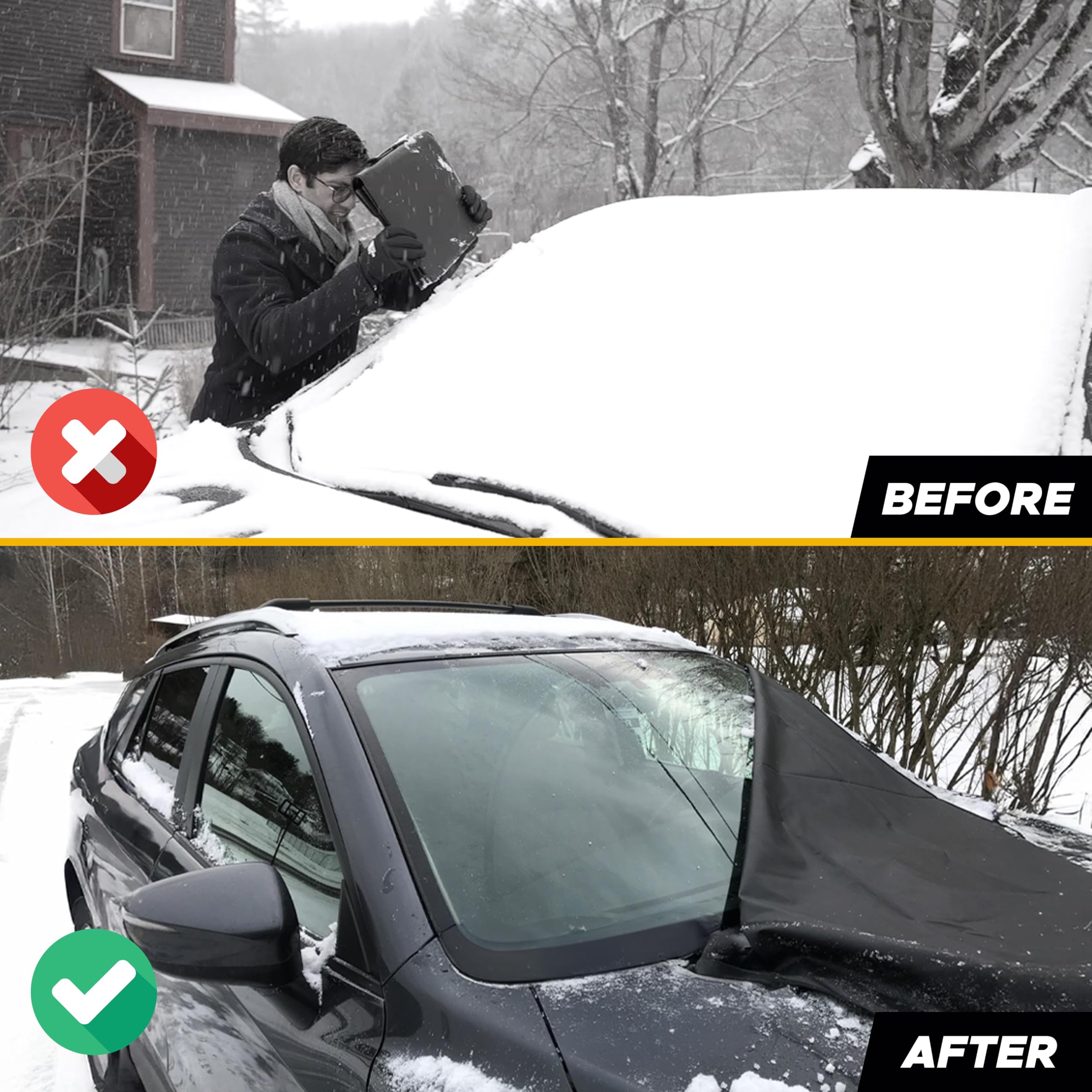 Foldable Car Windshield Snow Cover with Side Mirrors Cover (Black) for cars, trucks, vans, and SUVs.