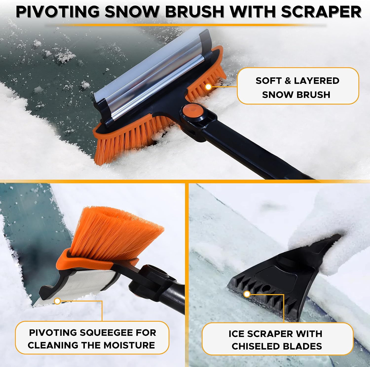 EcoNour 39" 6 in 1 Snow Shovel for Car | 270 EcoNour 6-in-1 Snow Shovel & Rotating Snow Brush, foldable ice scraper for winter vehicles. Rotating Snow Brush | Ice Scraper for Car Windshield | Scratch Free Extendable Snow Squeegee for SUV, Truck Winter Accessories