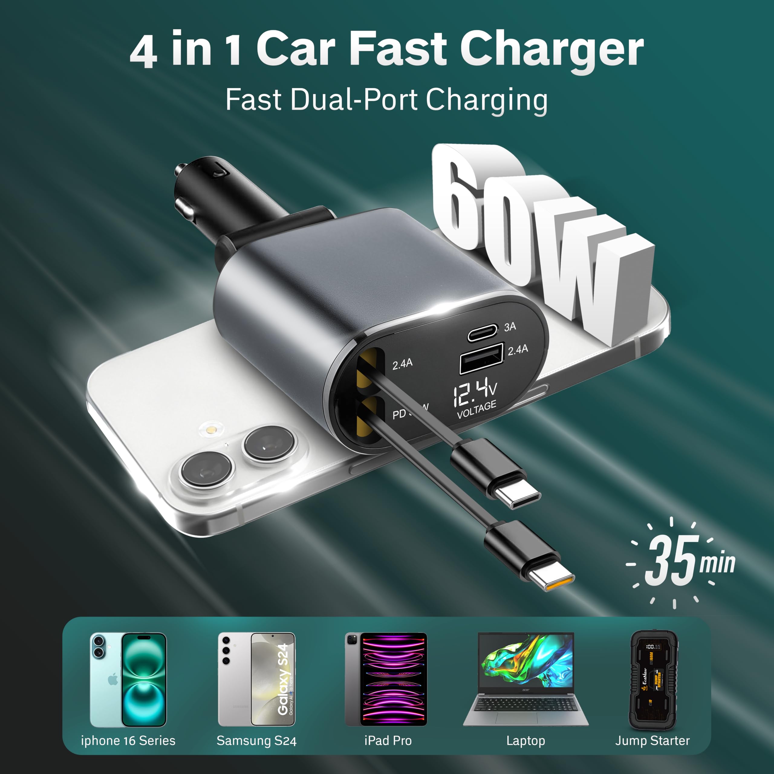 Fast charging 4-in-1 Car Charger for cars and travel