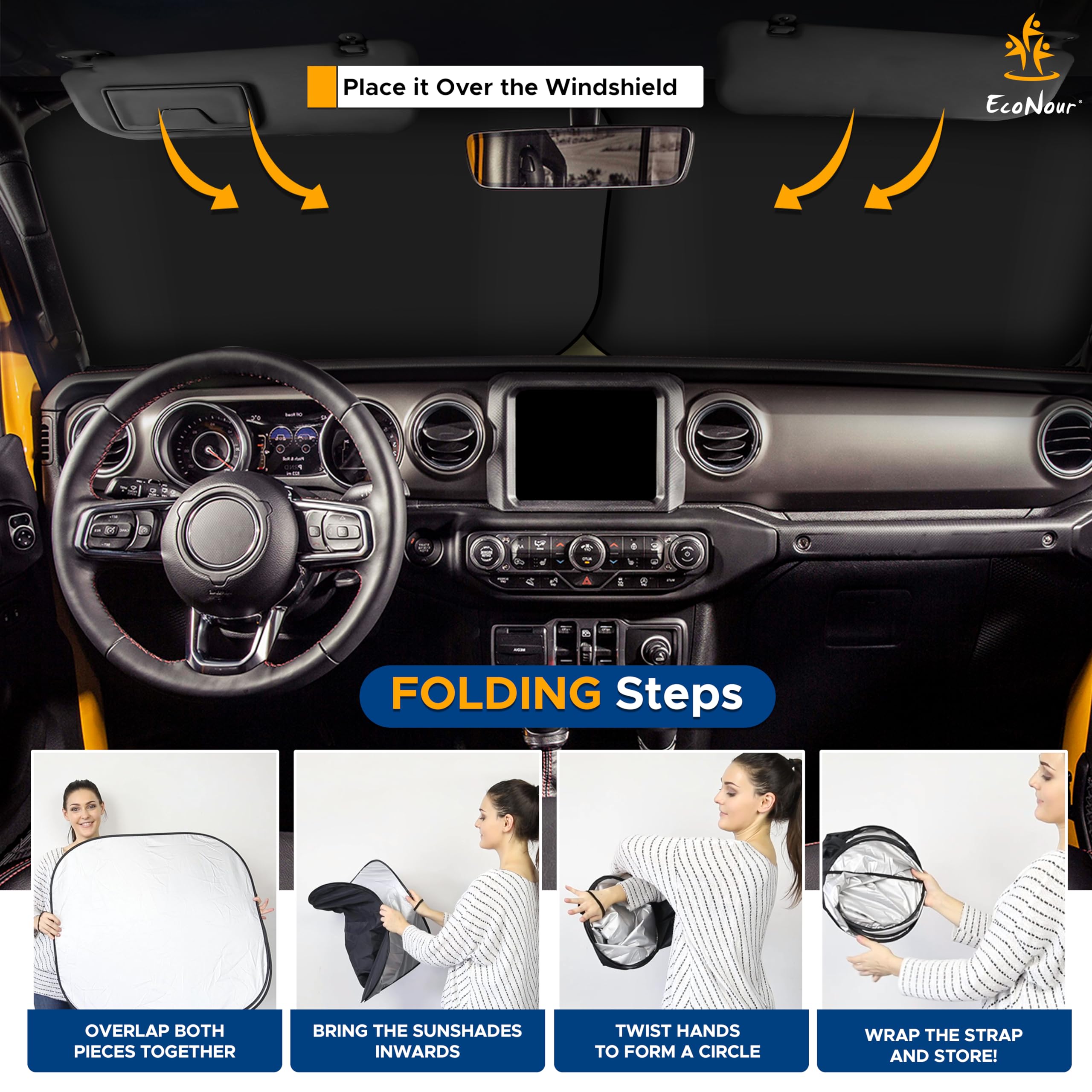 Jeep Windshield Sunshade | EcoNour X-Small 18"x26" Car Interior Sun Blocker