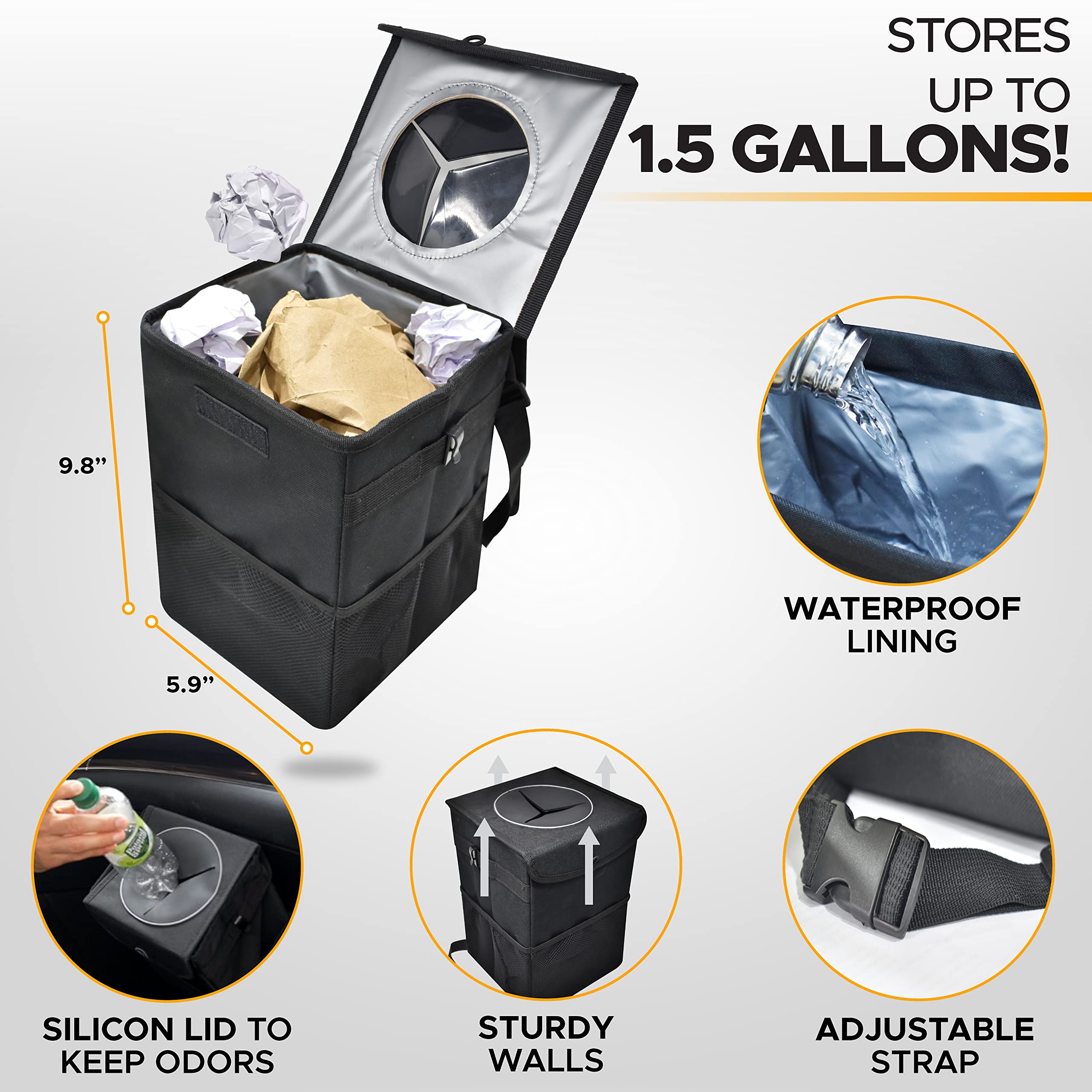 Black Car Trash Can with lid for wrappers, bottles, and small trash