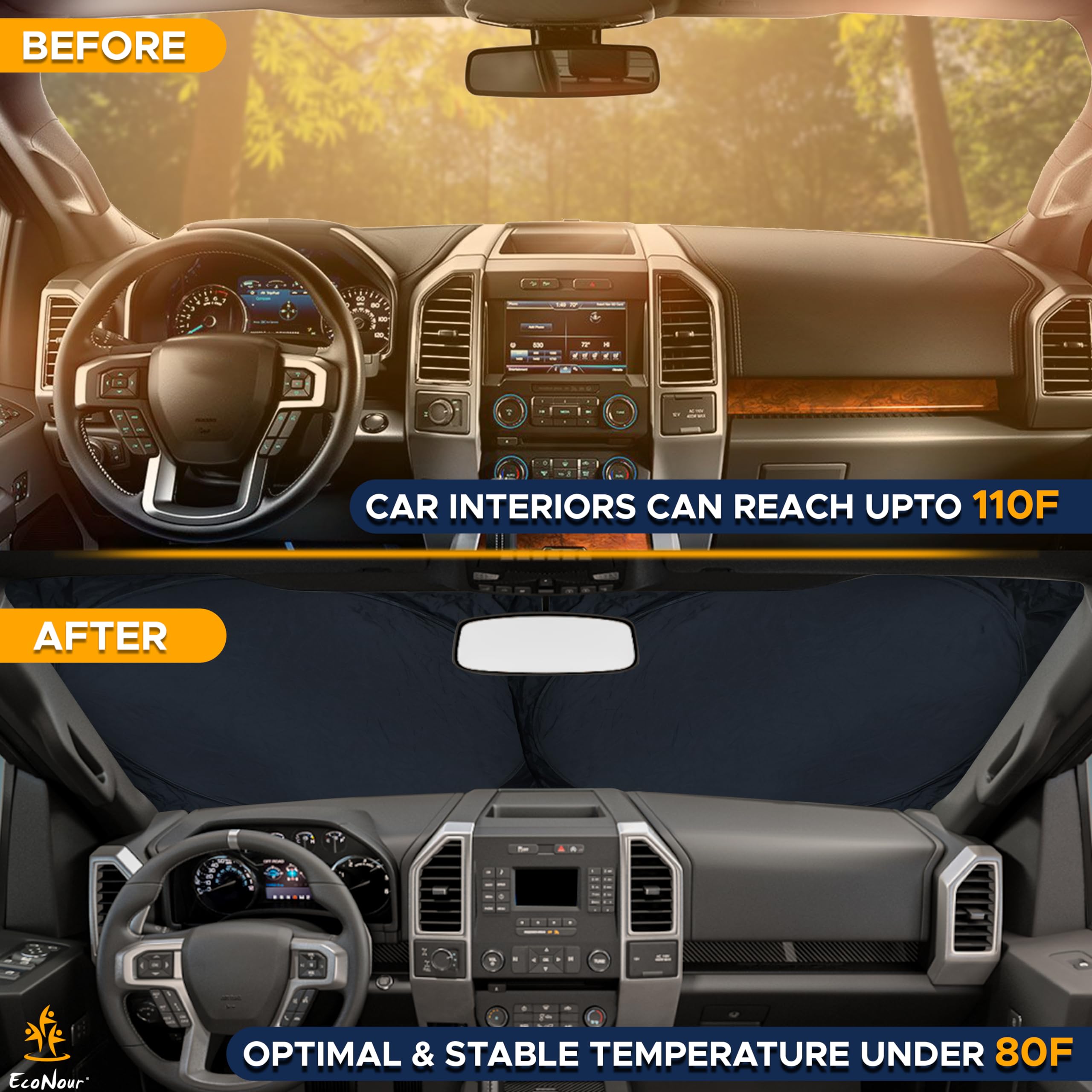 Truck Windshield Sun Shade – EcoNour X-Large Foldable Sun Blocker for SUVs & Trucks