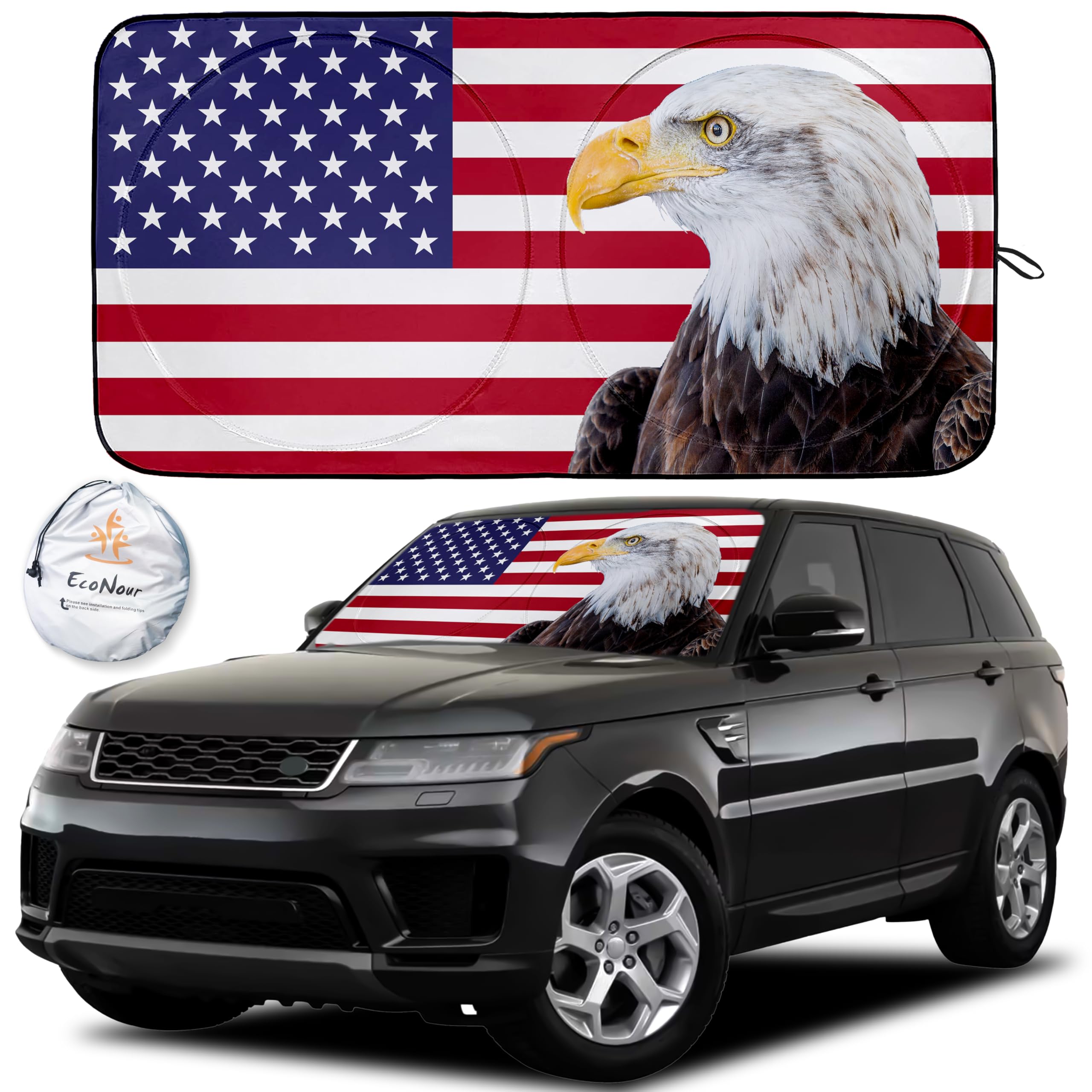 EcoNour American Flag Windshield Sun Shade 64"x34" with Bald Eagle