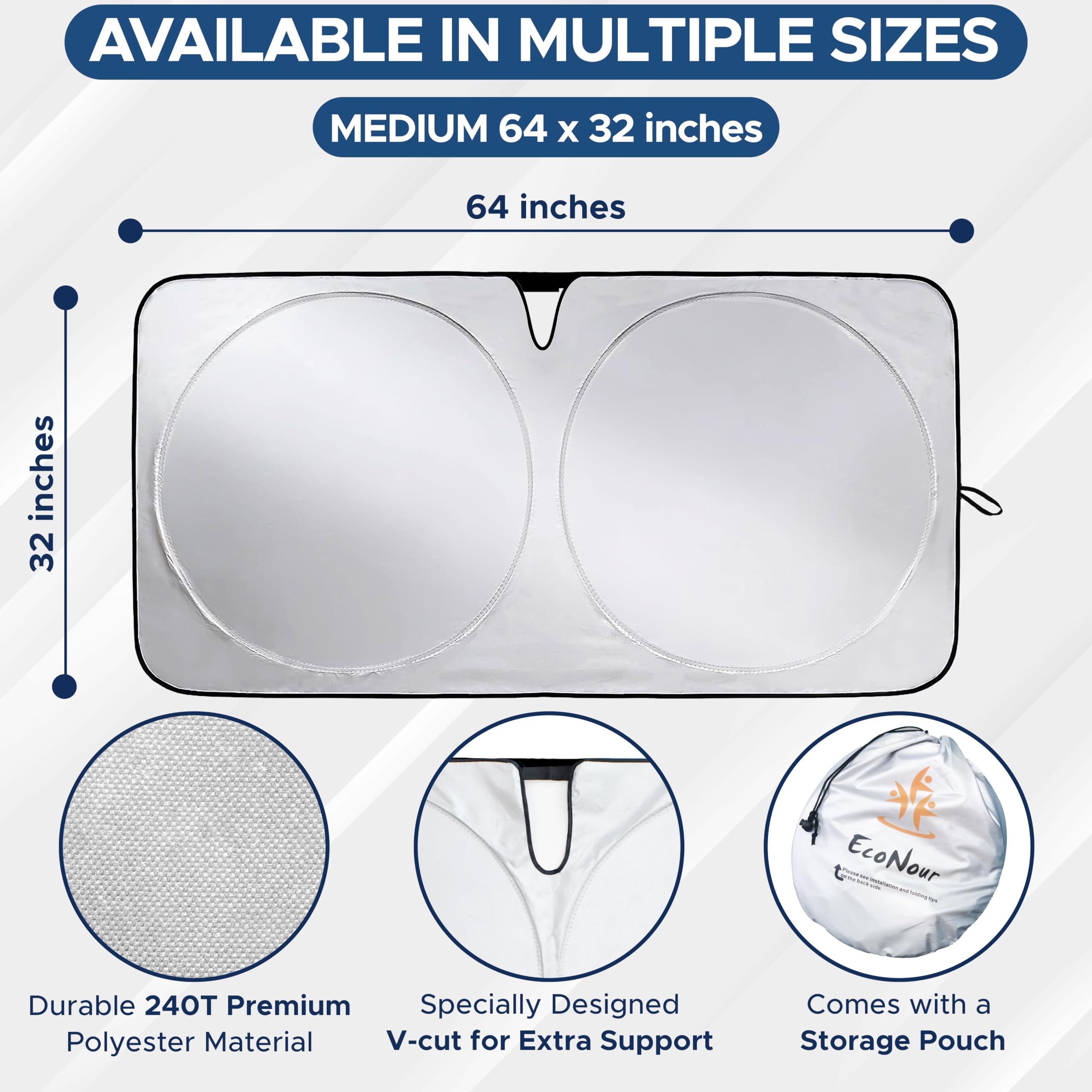 Car Windshield Sun Shade 64"x32" – EcoNour Foldable 240T Polyester Sun Protection