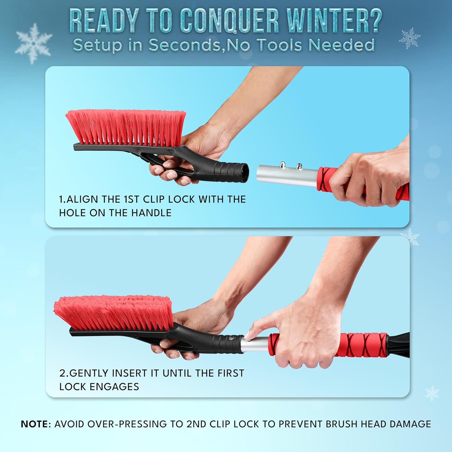 EcoNour 27" Car Snow Brush & Ice Scraper for Car Windshield (Red- 2 Pack) | Scratch Free Bristle Head Snow Brush & Tough Window Snow Scraper with Aluminium Body