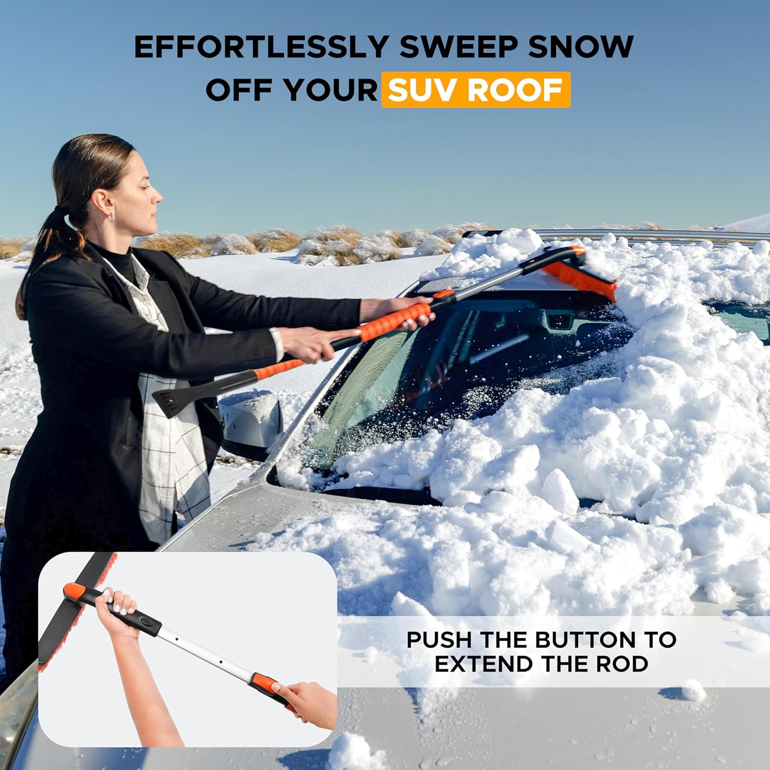 EcoNour 53" 3 in 1 Extendable Snow Brush with Ice Scraper for Car Windshield – SUV and Truck Accessory