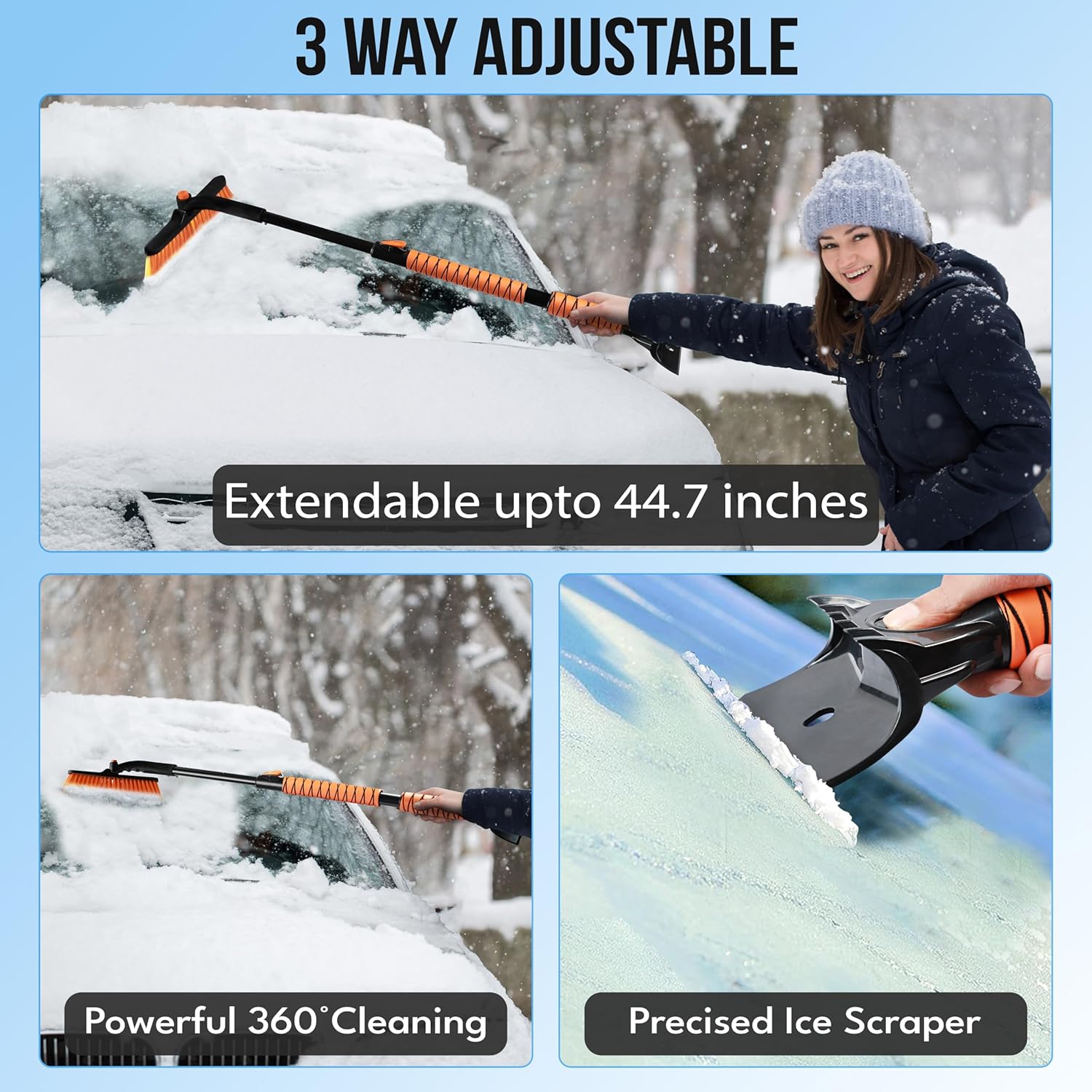 EcoNour 44.7" 3 in 1 Snow Brush for SUV – Long Extendable Car Snow Brush with Foam Grip