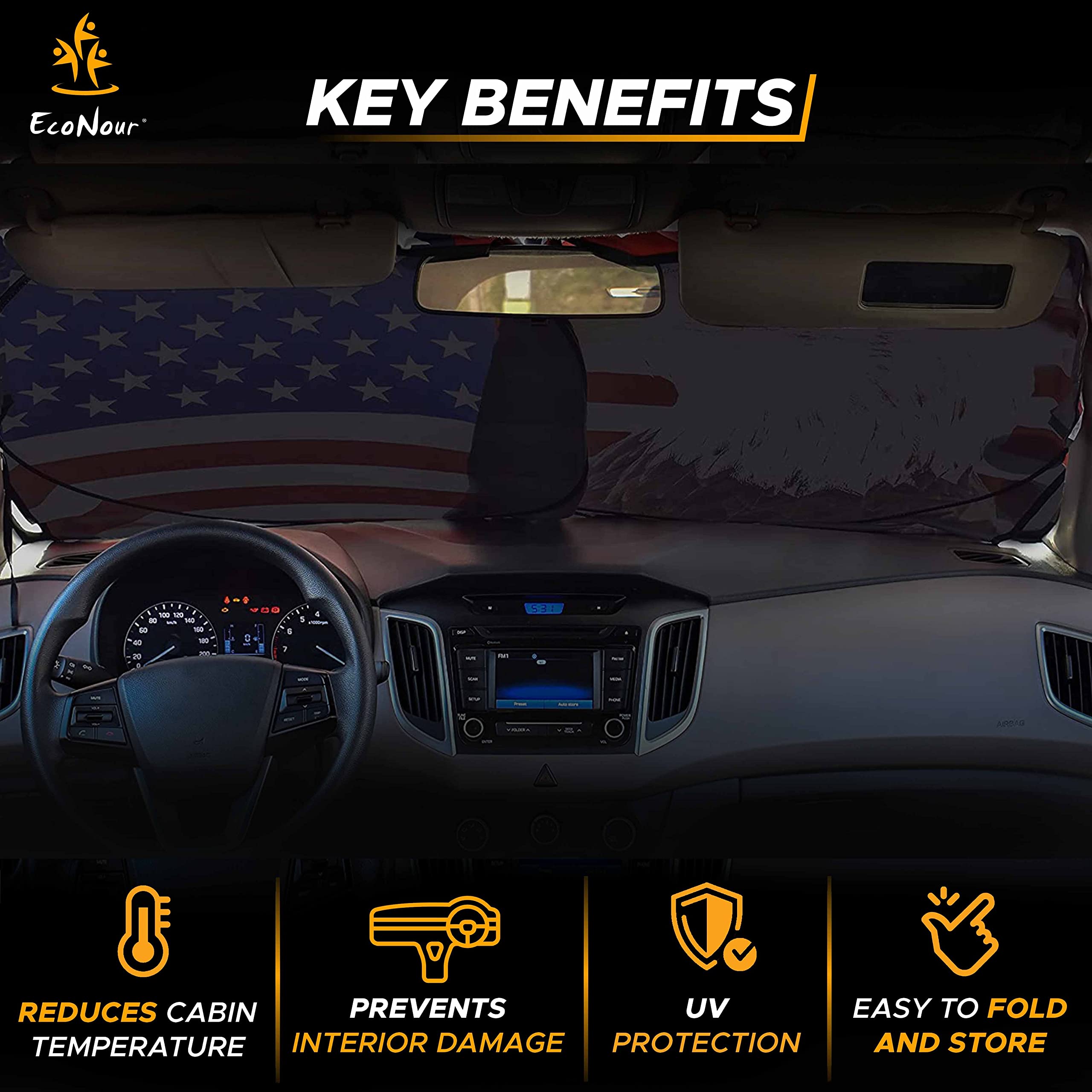 Foldable Patriotic Windshield Sun Shade for cars, trucks, and SUVs