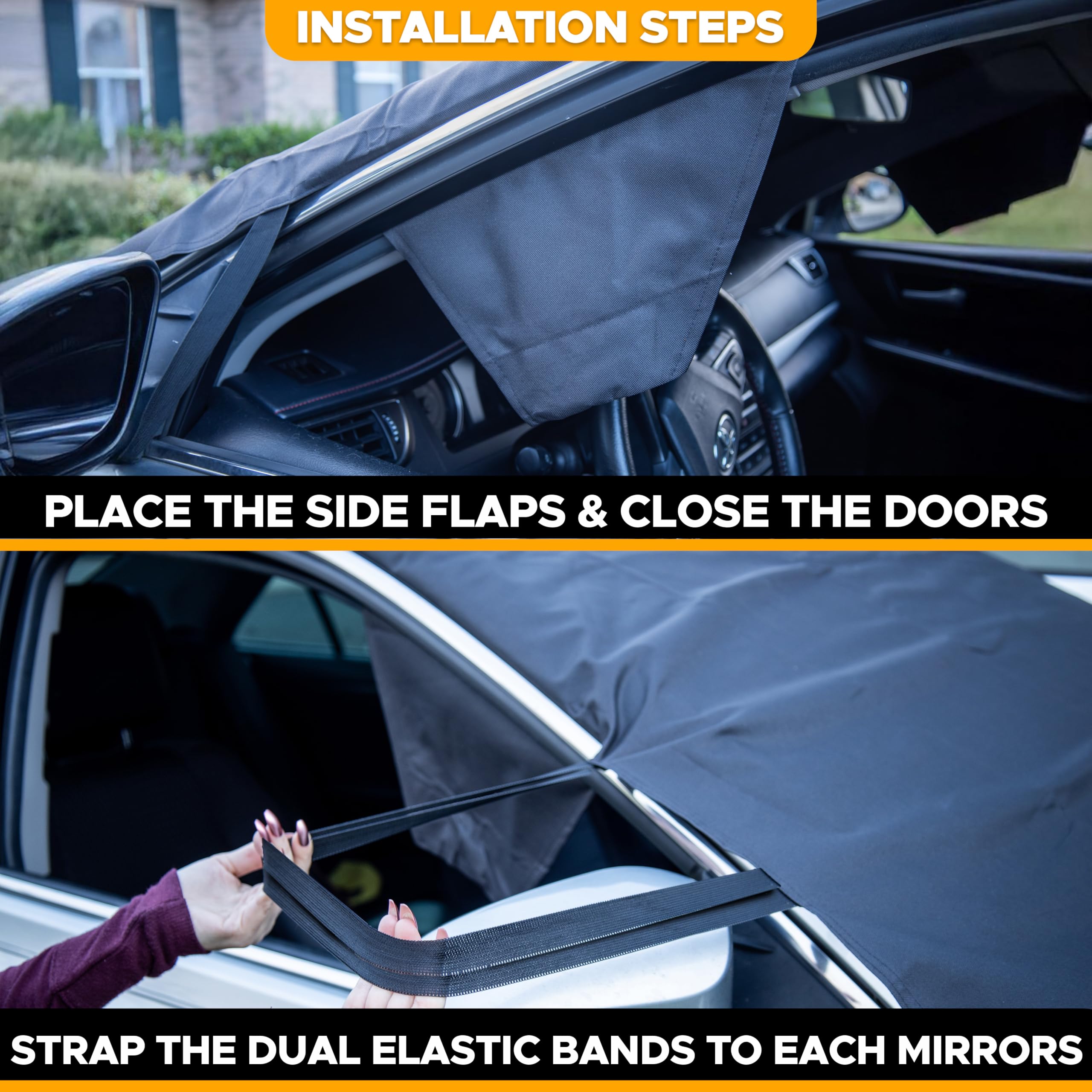 Black Windshield Snow Cover Medium (69" x 42") keeps windshield and mirrors safe.